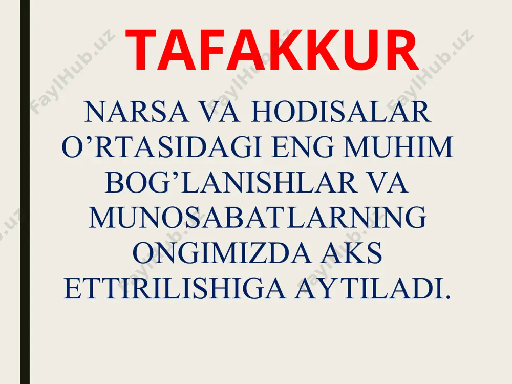 ng o’zi tafakkurning mustaqil ob'ekti bo’lib qoladi. abstraksiya operasiyasi tahlil natijasida vujudga keladi. masalan, sinf devorini tahlil qilish jarayonida uning faqat bir belgisini, ya'ni oqligini ajratib olish mumkin va oq devor to’g’risida emas, balki devorning oqligi to’g’risida, keyin esa umuman oqlik haqida fikr yuritish mumkin. kishilar quyosh, oy, yulduz, elektr, olov ba'zi planetalar, ayrim tosh va hokazolarning ko’z o’ngilarida yoritishni kuzata turib ularning bitta umumiy belgisini, ya'ni yoritishni fikran ajratib olib, umuman yoritish to’g’risida mulohaza yuritiladi. . . . . umumlashtirish - tafakkurda aks etgan bir turkum narsalarning, o’xshash muhim belgilarning shu narsalar to’g’risidagi bitta tushuncha qilib, fikrda birlashtirish demakdir. psixologiyada umumlashtirishning keng qo’llaniladigan ikki turi: tushunchali umumlashtirish va hisssiy-konkret umumlashtirish yuzasidan ko’proq fikr yuritiladi. tushunchali umumlashtirishda predmetlar ob'ektiv muhim belgi asosida umumlashtiriladi. hissiy-konkret umumlashtirishda esa predmetlar topshiriq talabiga binoan tashqi belgi bilan umumlashtiriladi. . . konkretlashtirish - hodisalarni ichki bog’lanish va munosabatlardan qat'iy nazar bir tomonlama ta'kidlashdan iborat fikr …