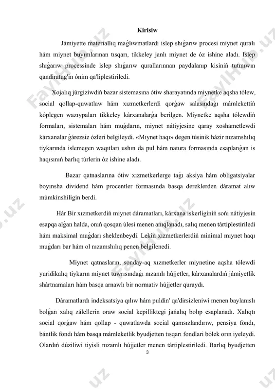 miynet hám mıynet haqı boyınsha kórsetkishlerdi operativ jıynaw hám gruppalaw ; - jumısshı -xızmetkerler sanı, olardıń miynet ónimliligi hám jumıs waqtınnan paydalanıwın turaqlı baqlawdan ibarat. miynetke aqsha tólew forması, sıylıqlar, qosımsha haqlar, xoshametlew tólewleri, kásiplik awqam komiteti menen kelisim halda, jumıs beretuǵın tárepinen qabıl etiletuǵın jámáát shártnaması menen belgilenedi. mámlekettiń ta'riyp stavkaları hám okruglari kárxanada jumısshılardıń ilmiy tájriybesine, kásipine, olar tárepinen orınlanatuǵın jumıslar sharayatınıń quramalılıǵına qaray baza retinde paydalanılıwı múmkin. o'zr ministrler mákemesiniń 2000-jıl 20 -iyuldagi 280-sanlı sheshimi menen miynetke aqsha tólew boyınsha birden-bir ta'riyp setkası qabıl etilgen bolıp, ol jaǵdayda miynetke aqsha tólew boyınsha razradlar hám 0-razradga salıstırǵanda ta'riyp koefficiyentleri belgilengen. i-bap. miynet ha'm ogan haq to'lew 1. 1. miynet hám mıynet haqı haqqında túsinik hám de onı esapqa alıwdıń wazıypaları kárxana hám shólkemlerde miynet haqi esabın tuwrı shólkemlestiriw ushın, bárinen burın, jeke quram esabın tuwrı júrgiziw kerek. xızmetkerlerdi jumısqa qabıllaw, bosatıw, basqa jumısqa ótkeriw, olarǵa demalıs berilgeni, tuwrisinda, …