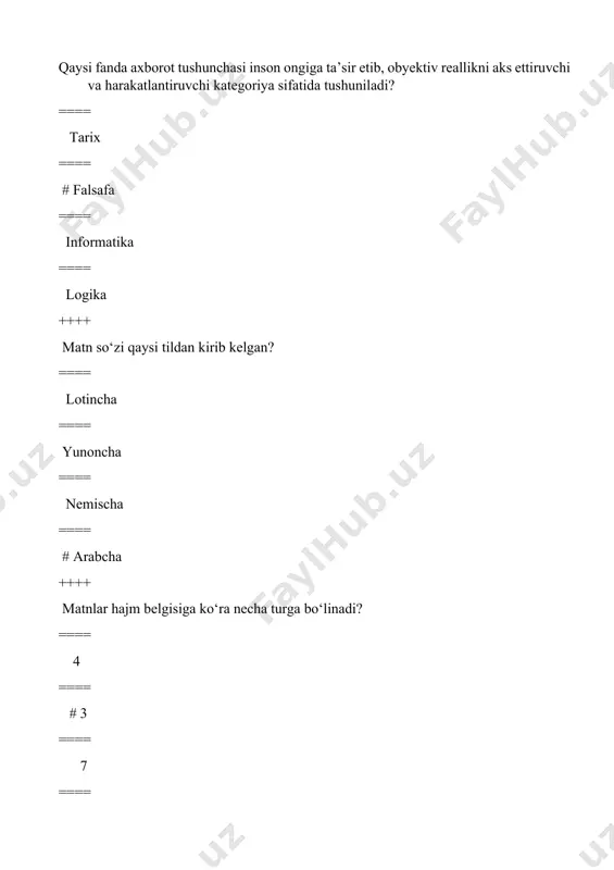 v ==== a. hojiyev ==== a.mamajonov ++++ matnning lingvistik tahlili‖ nomli kitobi qaysi tilshunosga tegishli? ==== #e. qlichev ==== i.rasulov ==== a.xeykel ==== a.boboyev ++++ tilshunoslikda matn tilining alohida birligi nima deyiladi? ==== #supersintaktik butunlik ==== supersegmantik birlik ==== minimal matn ==== maksimal matn ++++ matn hajmiga ko‘ra nechta guruhga bo‘linadi? ==== #2 ==== 3 ==== 4 ==== 5 ++++ matnni hajm belgisiga ko‘ra 2 ga bo‘linadi bular qaysi? ==== #minimal matn va maksimal matn ==== ifoda maqsadli va mazmun belgili matn ==== minimal matn va mikro matn ==== maksimal matn va makro matn +++++++ maksimal matn deyilganda nimalar nazarda tutiladi? ==== #roman,epopeya,hikoya,qissa ==== hikoya,minyaturalar,nomalar ==== qissa,she‘r,she‘riy parchalar ==== roman,qissa,nomalar,hikoyalar ++++ . makromatnning eng kichik birligi nima? ==== #abzats ==== muqaddima ==== epilog ==== epigraf ++++ hikoya mazmunli matnni yana qanday atash mumkin? ==== #narrativ matn ==== deskriptiv matn ==== argumentli matn ==== eksplikativ matn ++++ buyruq mazmunli matnlar asosan …