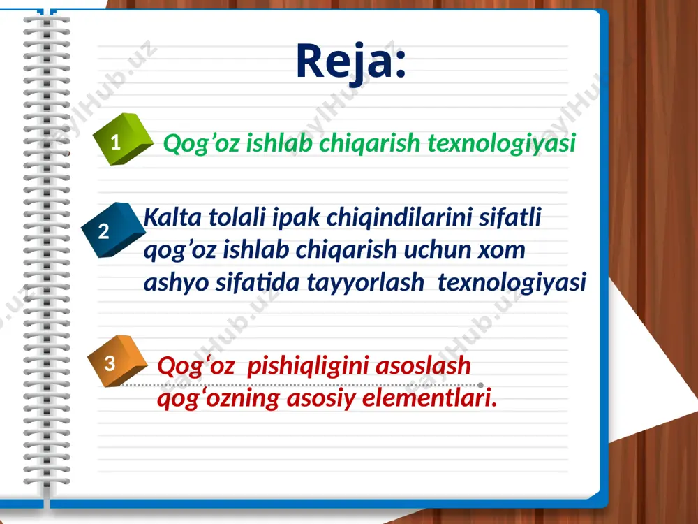 o’ng tolalar qisqarib 2,5-3 mm, fibrillarga, mikrofibrillarga parchalanib 1-10 mkm lik ko’ndalang kesimga ega bo’ladi. yanchilgan ipak va paxta tolalari aralashmasi o’zaro charmashib, aralashib ketgan fibrillar, ayrim nuqtalaridan gul kabi sochilgan mikrofibrillar ko’zga tashlanadi. paxta, ipak va yog’och sellyulozasi yanchilib aralashtirilganda va aralashtirib yanchilganda mikrofibrillar aralashmasidan quyilgan qog’ozlarning fizika-mexanika xususiyatlari ta’minlanadi. qog’oz massasiga, talabga qarab, nurlanganda yaltirab ko’rinuvchi (flyuressiruyushiy) bo’yoqlarda bo’yalgan tolalar, to’ldiruvchi elimlovchi moddalar qo’shiladi. tabiiy ipak va paxtaning tolali chiqindilaridan qog’oz ishlab chiqarish texnologiyasining ketma-ketligi tajriba usulida, ishlab chiqarish sharoitida turli variantlarda, yog’och sellyulozasi va paxta tolasi; yog’och sellyulozasi va ipak tolasi; ipak va paxta tolalaridan tarkib topgan va har xil foiz aralashmalardan olingan qog’ozlarning sifatlari aniqlandi. paxta va ipak tolalarini aralashtirganda 10 foizdan ipak tolasini qo’shib ko’paytirib borish, qog’oz fizika-mexanika xususiyatlarini yaxshilanib borishiga sabab bo’ladi. tabiiy ipakni ko’paytirish, uning fibrillarini yog’och sellyulozasiga nisbatan qayishqoqligi, qog’ozning bukilishdagi pishiqligini bir necha bor ko’paytiradi va chiziqli bog’lanishiga ega. qog’ozni uzilishigacha …