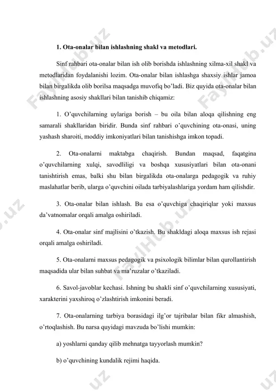 okazolar to’g’risida anjumanlar o’tkazish. 8. maktab qoshida ota-onalar universitetlarini tashkil etish va bu universitetlardan tizimli ish olib borish: a) ota-onalarni tarbiya sohasidagi adabiyotlar bilan tanishtirish. b) “ota-onalar, sizlar uchun” degan mavzuda og’zaki jurnal. v) faol ota-onalarning tarbiyaviy ish tajribalari bilan boshqa sinf rahbarlarini tanishtirish kabi ishlar olib borilishi lozim. sinf rahbarining ota-onalar bilan olib boradigan ishlari g’oyat keng, ko’p qirrali bo’lib, bu ishlar faqat sinf va maktab miqyosi bilan cheklanmaydi, aksincha turar joylardagi va o’quvchining ota-onasi ishlab turgan korxonadagi jamoatchilik bilan ham yaqin aloqada bo’lishni taqozo etadi. bizning yosh avlod xalqimizniig inqilobiy, mehnat, jangovar an’analarini o’zlashtirib, o’ziga katta avlodning eng yaxshi fazilatlarini — g’oyaviy e’tiqod va matonatni, vatanga muhabbatni, uning iqtisodiy, siyosiy va jangovar qudratini mustahkamlashda ishtirok etishga intilishni singdiribgina o’z bobolari va otalari ishini davom ettira va ko’paytira oladi. bu ishda ota-onalar ayniqsa muhim o’rin tutishlari kerak. buni barcha sinf rahbarlari nazarda tutishlari muhimdir, bunda shaxsning huquqiy yetukligi shaxs …