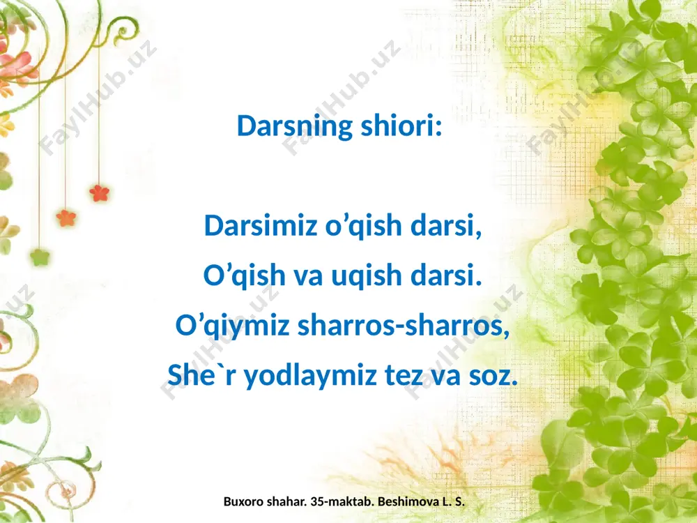 gan burgutday kengaygan qir-dalalar. ertaklarda topilmas bu ajoyib pallalar! navro’zi olam keldi, baxtimiz chaman keldi, elga ham bayram keldi, dilga ham bayram keldi! dilshod rajab buxoro shahar. 35-maktab. beshimova l. s. lug’at ishi jilg’a – tog’ va tog’ yon bag’irlaridan oqib tushadigan kichik soy; chuldurab – bijirlab; pallalar – aniq davr, vaqtlar buxoro shahar. 35-maktab. beshimova l. s. “qofiyasini top” ta`limiy o’yini chuldurab - guldurab shovullab - lovullab lolalar - bolalar buxoro shahar. 35-maktab. beshimova l. s. uyga vazifa 1. she`rni yod oling. 2. she`rda bahor faslining qaysi davri tasvirlangan. 3. “navro’z keldi” she`ri asosida rasm chizing. buxoro shahar. 35-maktab. beshimova l. s. buxoro shahar. 35-maktab. beshimova l. s. image3.jpeg image4.jpeg image5.jpeg image2.jpg image6.jpeg image13.gif image14.png image7.jpeg image8.jpeg image9.jpeg image10.jpeg image11.jpeg image12.jpeg image15.jpeg image16.jpeg image17.jpeg image18.jpeg image19.png image20.jpeg image21.gif image22.png image23.jpeg image24.jpeg image1.png /docprops/thumbnail.jpeg