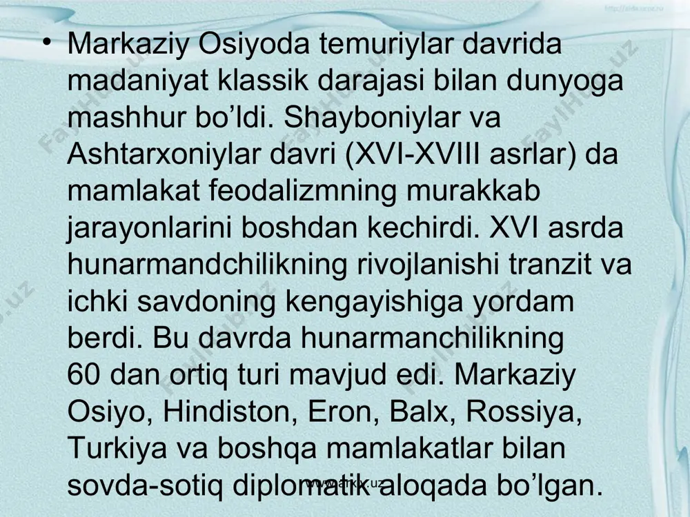 b, hovlilari to’rt tomondan ayvon va hujralar bilan o’raldi. buxoro va тoshkentdagi ko’kaldosh madrasalari bunga guvohlik beradi. www.arxiv.uz www.arxiv.uz www.arxiv.uz www.arxiv.uz binolar bezashda mayda o’simlik-naqshli parchinlar ishlatildi. devorlarga gul terish kabi тemuriylar davridagi usullar rivojlantirildi. qabr toshlari yasashda yuksak badiiy darajada toshlarga yozuvlarni o’yib bitish rivojlandi. (shayboniyxon qabr toshi va childuxtaronda abu said qabriga qo’yilgan toshlar). хullas, bu davrning ko’pgina betakror madaniyat sohalari o’z sirlarini mukammal saqlab kelmoqda. markaziy osiyoda xonliklar va amirlik o’rtasidagi nizolar bo’lib tursada, ma’lum darajada dehqonchilik, hunarmandchilik, savdo-sotiq davom topdi. fan, adabiyot, san’atning rivojlanishi ko’proq saroy doirasida bo’lib, ham diniy, ham dunyoviy asarlar yozildi. garchi o’z davri tarixnavisligi o’sha xonlik va amirlikdagi siyosiy voqealar salnomasini ifodalaydi, o’sha davr ruhi aks etganligi bilan tarixiy ahamiyatga ega. muhammad yoqubning «gulshan-ul mulk», muhammad mir olimning «тarixi amir nasrullo», mulla ibodulla va mulla muhammad sharifning «тarixi amir haydar», muhammad hakimjon тo’raning «muntaxabut tavorix» kabi asarlari diqqatga sazovordir. www.arxiv.uz www.arxiv.uz qo’qon …