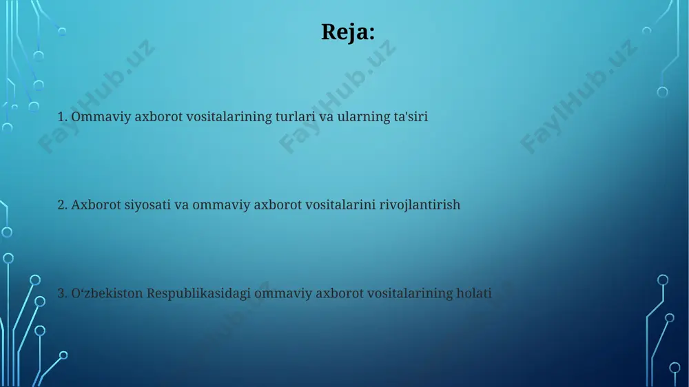 a iqtisodiyoti boʻyicha muhim davlat dasturlari va strategik hujjatlarning shakllanishiga ta’sir koʻrsatgan. soʻnggi 5 yilda “jamiyat fikri va ommaviy axborot” nashri internet platformalarini faol rivojlantirgan, onlayn auditoriyasini 1 millionga yetkazgan va ijtimoiy tarmoqlardagi ta’sirini oshirgan. davlat ommaviy axborot vositalari davlat ommaviy axborot vositalari tomonidan tarqatilayotgan axborotlarning 80% dan ortig‘i siyosiy va ijtimoiy-iqtisodiy mavzularda bo‘lib, milliy siyosatni aks ettiradi. davlat ommaviy axborot vositalari o‘zbekiston respublikasida 50 dan ortiq televidenie va radiokanallarni, shuningdek, bir nechta yirik gazetalarni o‘z ichiga oladi. internet va ijtimoiy tarmoqlar ijtimoiy tarmoqlarda siyosiy mavzulardagi postlar va sharhlarning 70% dan ortigʻi davlat organlari va ommaviy axborot vositalarining rasmiy kanallariga tegishli boʻlib, ularning ta’siri sezilarli. facebook, instagram, telegram kabi ijtimoiy tarmoqlar orqali tarqatilayotgan axborotlarning tekshirilishi va ishonchliligini ta’minlash boʻyicha hukumat tomonidan turli chora-tadbirlar amalga oshirilmoqda. ommaviy axborot vositalarining siyosiy roli oʻzbekiston ommaviy axborot vositalari, 2020 yildan beri prezident saylovlarida siyosiy partiyalarning dasturlarini keng yoritish orqali saylovchilarning xabardorligini oshirishga 50% dan …