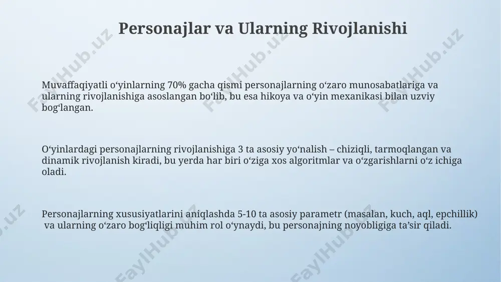 sbat muvozanatni ta'minlaydi. o'yin mazmunining tarkibiy qismlariga 3 ta asosiy element – syujet chizig'i, 5 tadan ortiq o'yin mexanikasi va kamida 2 ta o'yinchi personaji kiradi, ularning o'zaro ta'siri hikoya rivojlanishiga ta'sir qiladi. o'yin mazmunining tarkibiy qismlariga vizual uslub (grafika, animatsiya), audio dizayn (musiqa, tovushlar) va tekstli elementlar (dialoglar, tavsiflar) kabi 3 ta asosiy vosita kiradi, bu 3 element bir-birini to'ldiradi. o'yinchi tajribasi va interaktivlik o'yinchi tajribasi, 3d grafikalar va murakkab fizika dvigatellari orqali 100 dan ortiq noyob o'zaro ta'sirlarni taqdim etib, chuqur immersiv muhit yaratadi. interaktiv hikoya yo'nalishlari va tanlovlar soni 5 dan ortiq bo'lib, har bir o'yinchi o'ziga xos noyob o'yin o'tishiga olib keladi, natijalar esa turlicha bo'ladi. o'yin mexanikasi va boshqaruv elementlari intuitivligi 90% dan yuqori baholanib, yangi boshlanuvchilar ham 5 minut ichida o'yinga moslasha oladilar. grafika va ovoz dizayni ovoz dizayni, musiqa va tovushlarning sinxronlashuvi o'yinning 30% ga yaqin hissiy ta'sirini belgilaydi, masalan, immersivlikni kuchaytirish uchun …