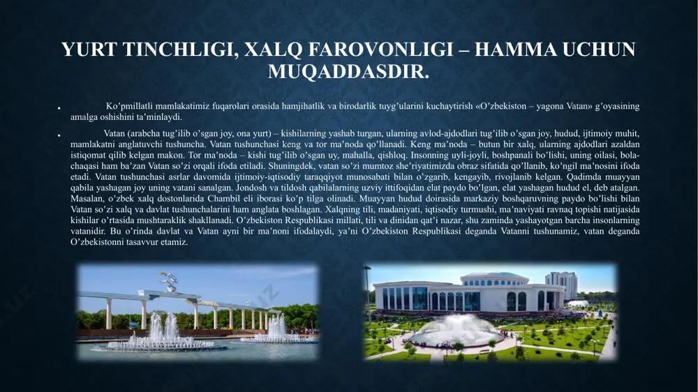 k hayotini, huquq va manfaatlarini, barcha milliy boyliklarni asrab-avaylash, boyitish va himoya qilish bilan bogʼliq barcha maqsad-vazifalarni ifoda etadigan tushuncha. vatan manfaati milliy manfaatlarning ayni ifodasidir. dunyodagi har qaysi mustaqil davlatning manfaati uning hududida yashayotgan xalq uchun vatan manfaatidir. vatan va uning farzandi boʼlgan insonlarning shaxsiy manfaatlari oʼzaro uygʼunlashib ketadi. chunki vatan boʼlmagan taqdirda insonning shaxsiy manfaatlarini taʼminlash – ona tilida muloqot qilish, milliy qadriyatlari bilan faxrlanish, oila qurish, farzandlar oʼstirish, ajdodlar anʼanasini munosib davom ettirish imkonsiz boʼlib qoladi. vatanga muhabbat uning manfaati yoʼlida qaygʼurish, ajdodlar merosiga sadoqat, milliy maʼnaviyatdan bahramandlik, bashariyatga hurmat, kelajak oldida masʼullik tuygʼularini tarbiyalaydi. haqiqiy vatanparvar insonlar oʼz manfaatlarini vatanning taqdiridan, millati, xalqining milliy qadriyatlaridan, orzu-istaklaridan ayri holda tasavvur qila olmaydi. inson oʼzligini qanday anglasa, vatanini ham shunday anglaydi. oʼzligini anglamagan odam vatanni ham anglamaydi, vatan manfaati yoʼlida biror ezgu ish qilishni xayoliga ham keltirmaydi. u nafaqat vatanni, hattoki millati, ota-onasi, oilasi, farzandlari, yoru birodarlari oldidagi …