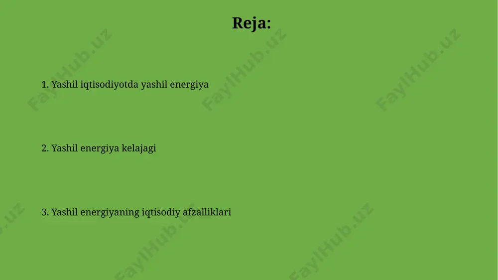 nergiya manbalarini rivojlantirish bo'yicha 5 yillik milliy dastur qabul qilingan bo'lib, unda 10 mlrd. aqsh dollaridan ortiq investitsiyalar jalb etilishi rejalashtirilgan. davlat tomonidan taqdim etilayotgan subsidiyalar va imtiyozli kreditlar orqali xususiy sektorning qayta tiklanuvchi energiya loyihalariga jalb etilishini rag'batlantirishga 30% dan ortiq mablag' ajratilgan. yashil energiya manbalari yashil energiya manbalaridan, jumladan quyosh va shamol energiyasidan foydalanish 2030-yilga borib o'zbekistonda energiya iste'molining 25% ini qoplashi kutilmoqda. gidravlik energiya o'zbekistonning yashil energiya portfelida muhim o'rin tutadi va mavjud geslarning modernizatsiyasi bilan birga yangi quvvatlarni ishga tushirish rejalashtirilgan. muammolar va qiyinchiliklar katta miqyosdagi yashil energiya loyihalari, masalan, gidroelektr stansiyalari, atrof-muhitga sezilarli ta'sir ko'rsatadi, 1000 ga yaqin turdagi o'simlik va hayvonlarning yashash joylariga tahdid soladi. yengilgan quyosh panellari qayta ishlanishiga oid texnologiyalar hali ham rivojlanish bosqichida bo'lib, yillik 5-10% atrofida qayta ishlanadi, bu esa katta miqdordagi elektron chiqindilarni keltirib chiqaradi. yashil iqtisodiyotda yashil energiya biomassa energiyasi, qayta tiklanuvchi manbalar sifatida, yashil iqtisodiyotga qo'shgan hissasi …