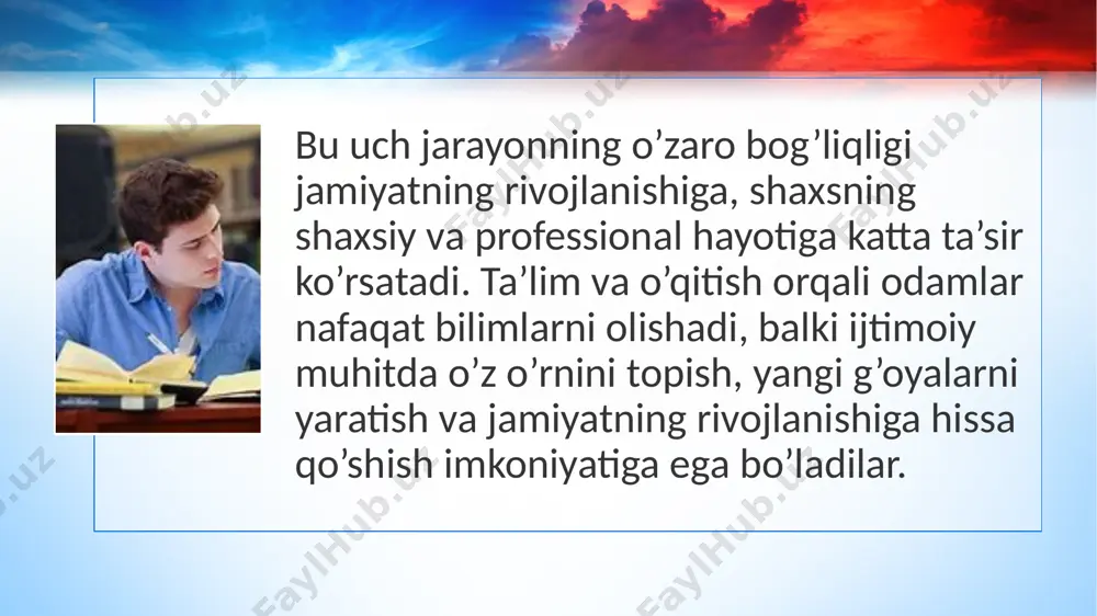 timoiy mavqeini shakllantiradi. quyida ta’lim olishning hayotdagi ahamiyatini ko’rib chiqamiz: 1. shaxsiy rivojlanish va ongni kengaytirish ta’lim olish, birinchi navbatda, insonning shaxsiy rivojlanishiga yordam beradi. bu jarayonda o’quvchi: • fikrlash va tahlil qilish qobiliyatini rivojlantiradi: ta’lim olish insonning tanqidiy fikrlash va muammolarni hal qilish qobiliyatini oshiradi. o’quvchilar yangi bilimlarni o’zlashtirish jarayonida mantiqan fikrlashni, bilimlarni solishtirishni va tahlil qilishni o’rganadilar. • o’zini anglash va maqsadlarni belgilash: ta’lim olish jarayonida inson o’zining qiziqishlari, kuchli va zaif tomonlari haqida ma’lumotga ega bo’ladi. bu uning o’zini anglashiga, kelajakdagi maqsadlarini aniqlashga yordam beradi. • o’zgarishga tayyor bo’lish: ta’lim insonni o’zgarishlarga tayyorlaydi. zamonaviy dunyo o’zgaruvchan va o’zgarishni qabul qiladigan odamlar muvaffaqiyatga erishadi. ta’lim orqali o’quvchi yangi g’oyalar, texnologiyalar va usullar bilan tanishadi. 2. ijtimoiy va madaniy rivojlanish ta’lim olish jarayoni insonning ijtimoiy munosabatlarini va madaniy anglashini ham rivojlantiradi: • ijtimoiy ko’nikmalarni rivojlantiradi: ta’lim orqali insonlar jamoada ishlash, boshqalar fikrini hurmat qilish, ijtimoiy munosabatlarni o’rnatish va samarali …