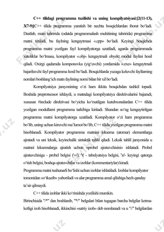 chisida "/*" dan boshlanib, "*/" belgalari bilan tugagan barcha belgilar ketma-ketligi izoh hisoblanadi, ikkinchisi «satriy izoh» deb nomlanadi va u "//" belgilardan boshlangan va satr oxirigacha yozilgan belgilar ketma-ketligi bo‘ladi. izohning birinchi ko‘rinishida yozilgan izohlar bir necha satr bo‘lishi va ulardan keyin c++ operatorlari davom etishi mumkin. programmada d, b o‘zgaruvchilar e’lonlari inobatga olinmaydi va a=c amali bajarilmaydi. programma bajarilishi natijasida ekranga "salom olam!" satri chop etiladi. programmaning 1-satrida #inc1ude.. preprotsessor direktivasi bo‘lib, programma kodiga oqimli o‘qish/yozish funksiyalari va uning o‘zgaruvchilari e’loni joylashgan «iostream.h » sarlavha faylini qo‘shadi. keyingi qatorlarda programmaning yagona, asosiy funksiyasi -main() funksiyasi tavsifi keltirilgan. shuni qayd etish kerakki, c++ programmasida albatta main() funksiyasi bo‘lishi shart va programma shu funksiyani bajarish bilan o‘z ishini boshlaydi. programma tanasida konsol rejimida belgilar ketma-ketligini oqimga chiqarish amali qo‘llanilgan. ma’lumotlarni standart oqimga (ekranga) chiqarish uchun quyidagi format ishlatilgan: cout « ; bu yerda sifatida o‘zgaruvchi yoki sintaksisi to‘g‘ri yozilgan va qandaydir …