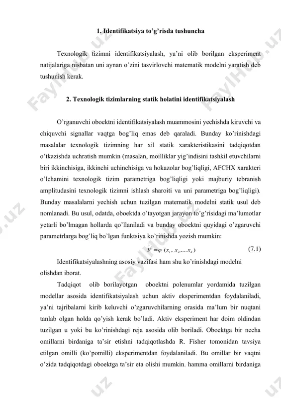 ilgan elementlariga o’zgaruvchilar kiritiladi: bu yerda - ikkinchi tartibli reja ustun sat’ini umumiy holda yig’ilgan qiymati. o’zgaruvchilar kiritilgandan so’ng regressiya tenglamasi quyidagi ko’rinishga aylanadi: bu yerda reja ustunini o’zgargandagi ortogonallik shartiga ko’ra: «yulduzli yelka» ni hisoblash uchun quyidagi formulani yozish mumkin: quyida k – ning ba’zi bir qiymatlariga mos keluvchi miqdori berilgan 7.3-jadval tavsiya qilingan bo’lib n nuqtadan iborat rejalarni tuzishga yordam beradi. jadval k reja yadrosi 2k+1 n 2 1,0 22 5 9 3 1,215 23 7 15 4 1,414 24 9 25 5 1,547 25-1 11 27 regressiya tenglamasining koeffitsientlarini qiymati quyidagi formulada aniqlanadi: bi – koeffitsientlar uchun dispersiya quyidagi formula bilan aniqlanadi: quyidagi jadvalda k=3 va (=0,73 uchun matritsa rejasini qurish tasvirlangan. jadval tajriba nomeri 1 2 3 4 5 6 7 8 9 10 11 12 13 14 15 +1 +1 +1 +1 +1 +1 +1 +1 +1 +1 +1 +1 +1 +1 +1 -1 +1 …