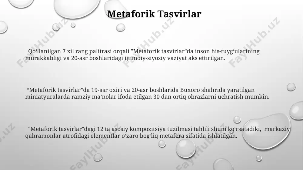 ʻlib, ularning 3 tasi – qush, daraxt va quyosh – markaziy osiyo madaniyatida muhim ahamiyatga ega. realistik tasvirlar realist tasvirlarning kompozitsiyasi, ko'pincha 3-5 ga yaqin odam yoki ob’yektlarni o'z ichiga olib, tafsilotlarga boy va aniq chizilgan bo'ladi. ba’zi realist asarlarda, masalan, 1880-yillarda yaratilgan qishloq manzaralari, landshaftlarning hajm va chuqurligini ta’kidlash uchun chiaroscuro texnikasi qo'llanilgan. 19-asr oxiri va 20-asr boshlarida rossiya imperiyasi hududida, xususan, toshkentda yaratilgan realizm uslubidagi asarlar, kundalik hayot va odamlarning turmush tarzini aniq aks ettirish bilan ajralib turadi. abstrakt tasvirlar "abstrakt tasvirlar" asarning 1970-yillarga oid 5 ta asosiy obrazini tahlil qilish, ayniqsa toshkentdagi san'at muzeyida saqlanayotgan 2 raqamli asar orqali, ranglarning ekspressionistik qo'llanilishini ko'rsatadi. "abstrakt tasvirlar"dagi geometrik shakllar, 3 o'lchovli tuyg'u yaratish uchun, taxminan 15 daraja burchak ostida joylashtirilgan va bu kompozitsiyaning chuqurligini aks ettiradi. abstrakt ifodaning 7 xil uslubini o'zida mujassam etgan "abstrakt tasvirlar" asari, 1980-yillar qozog'iston san'at maktabining ta'siriga ega ekanligini ko'rsatuvchi, aniq konturlar va qalin …
