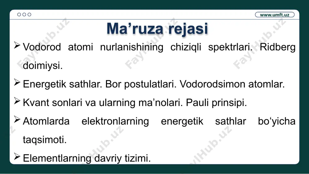 bitta foton chiqaradi yoki yutadi. h𝛎 = ћω = tegishli statsionar holatlar energiyalari farqi www.umft.uz borning 3 – postulati (orbitalarni kvantlash qoidasi): atomning statsionar holatlarida, doiraviy orbitalarda elektron harakatlanib, quyidagi shartni qanoatlantiradigani, impuls momentining kvantlangan qiymatlariga ega bo‘ladi. =nћ (n=1,2,3, …) bu yerda elektronning n- statsionar orbitasi radiusi: borning birinchi radiusi: m www.umft.uz m/s ev ev 1- va n- statsionar orbitalardagi elektronning harakat tezligi: vodorod atomi tizimida elektronning to‘la energiyasi: vodorod atomining minimal energiyasi: www.umft.uz (φv) frank va gers tajribasida atomda statsionar holatlar mavjudligi tajribaviy tasdiqlangan. simob atomining birinchi qo‘zg‘atilgan holati 4,86 ev energiyaga to‘g‘ri keladi. φ tezlatuvchi potensial 4,86 ev oshirilganda elektronlar atomlar bilan noelastik to‘qnashadilar: elektron kinetik energiyasini atomga uzatadi, asosiy energetik holatdan birinchi qo‘zg‘atilgan holatga o‘tishni amalga oshiradi. φ kuchaytiruvchi potensialni keyinchalik o‘sishi, tokning yuqoridagi kabi o‘sishi kabi har 4,86 ev kuzatiladi. frank-gers tajribasi www.umft.uz anod katod panjara simob bug'lari bo'lgan shisha idish www.umft.uz u, v ma …