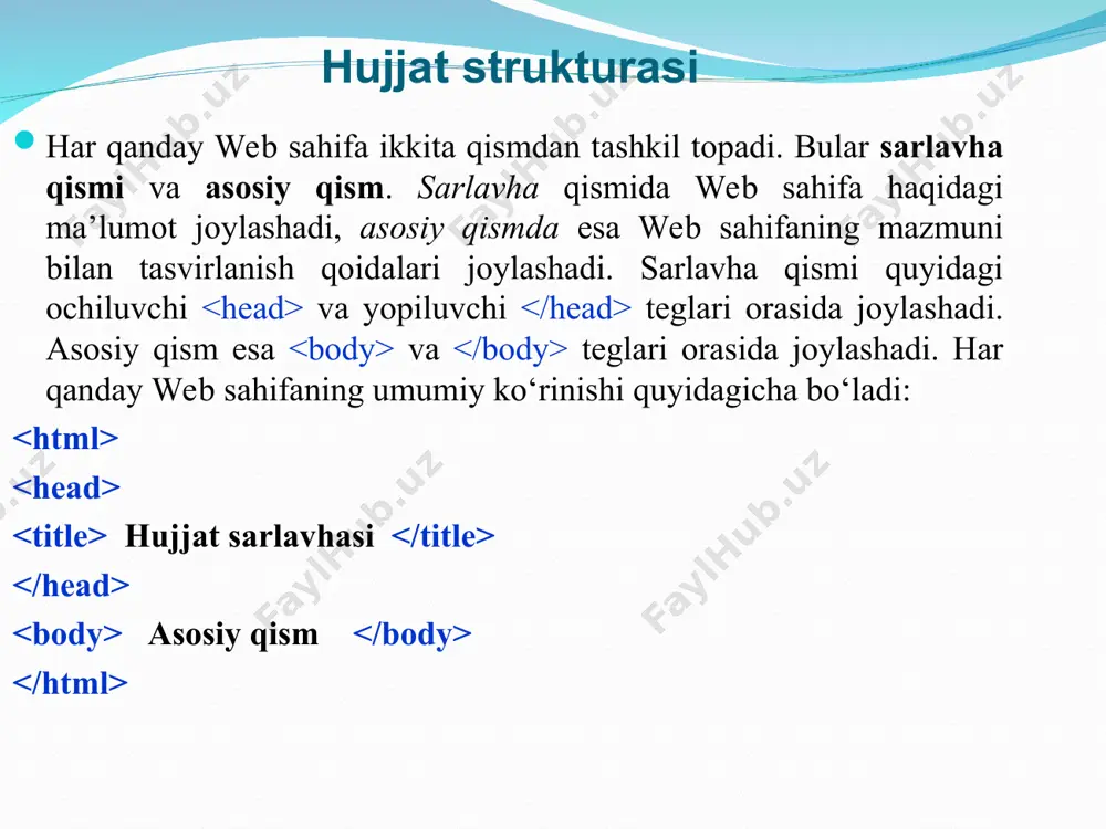 maruza html tiliga kirish, uning asosiy elementlari. teg tushunchasi. html tilida jadvallar hosil qilish. - Page 5