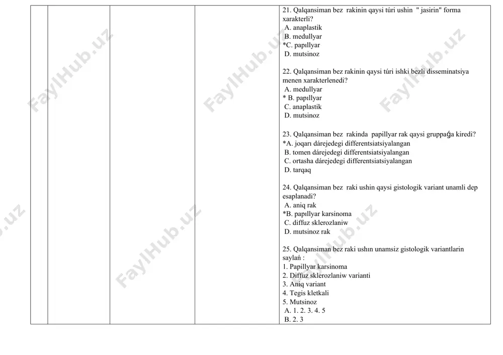 endokrin neoplaziyalar 2b c. kóp sanli endokrin neoplaziyalar 3a *d. kóp sanli endokrin neoplaziyalarsiz 43. gorlin sindromında kóp sanli endokrin neoplaziya ushin qanday dene duzilisi tán? *a. marfanoidli b. bochka formasindaǵi c. gippokrat juzli d. almurt formasindaǵi 44. medullyar qalqansiman bezı rakinin paraqalqansiman bez patologiyasi menen kombinatsiyasi kóp sanli endokrin neoplaziyalar 2a sipple sindrominda neshe protsentti quraydi? a. 10 -60% *b. 20 -23% c. 5% ten kem d. 50-60% 45. tiykarınan medullyar qalqansiman bez rakinin teri lixenoid amiloidozi menen kombinatsiyasi kóp sanli endokrin neoplaziyalar 2a sipple sindrominda neshe protsentti quraydi? a. 10 -60% b. 20 -23% *c. 5% ten kem d. 50-60% 46. medullyar qalqansiman bezı rakinin feoxromatsitoma menen kombinatsiyasi kóp sanli endokrin neoplaziyalar 2b gorlin sindrominda neshe protsentti quraydi? *a. 50-60% b. 100% c. 20 -23% d. 5% ten kem 47. qalqansiman bez rakinin qaysi túrinde keselliktiń prognozi unamsiz boladi? a. papillyar b. medullyar *c. anaplastık d. follikulyar 48. …