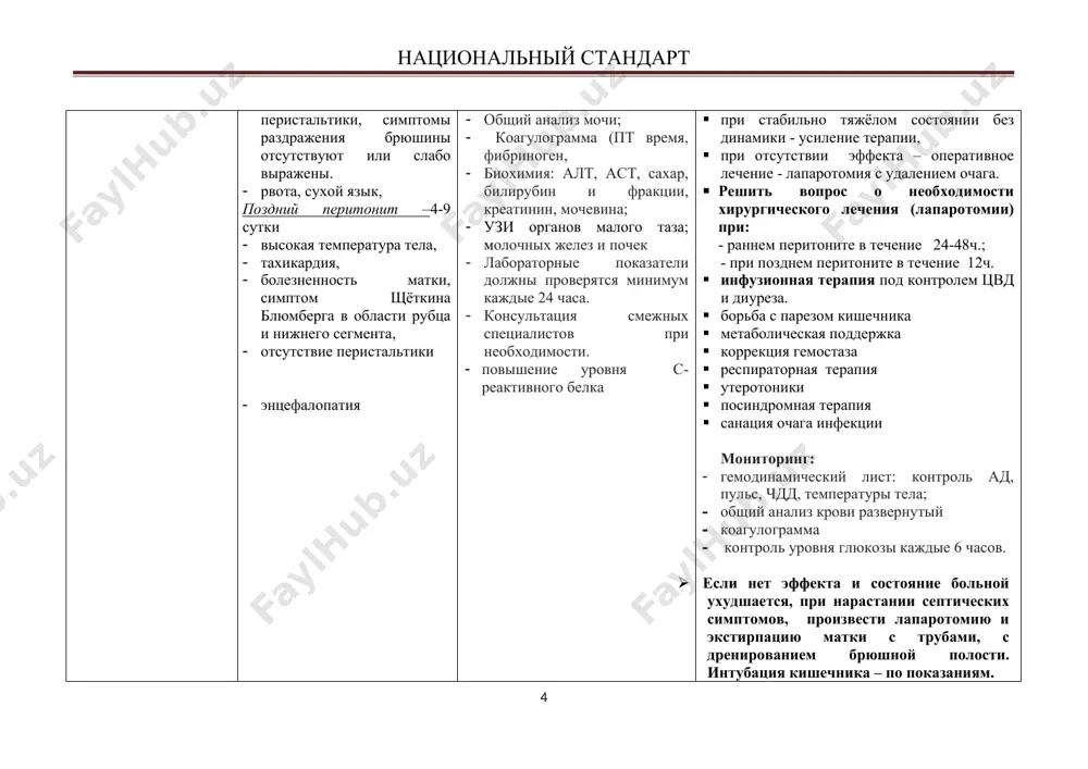 · гемодинамический лист: контроль ад, пульс, чдд, температуры тела; · общий анализ крови развернутый · коагулограмма · контроль уровня глюкозы каждые 6 часов. · если нет эффекта и состояние больной ухудшается, при нарастании септических симптомов, произвести лапаротомию и экстирпацию матки с трубами, с дренированием брюшной полости. интубация кишечника – по показаниям. · тяжелый сепсис · общее состояние крайне тяжелое. · лихорадка, чаще интермитирующего типа · выраженный озноб, сменяющийся чувством жара и резкой потливостью. · лихорадка; · кожа бледновато-серого цвета, влажная или сухая. · экзантема на коже в виде пустул, пузырьков, мелких и более крупных кровоизлияний · геморрагии в конъюнктиву склер и слизистые оболочки полости рта · чдд > 25-28 в мин · ордс (острый респираторный дистресс синдром) рао2 100 в 1 мин, лабильный. · ад 90/60-70/50 мм.рт.ст (возможна гипертензия за счет малого кровообращения) · сердце тоны приглушены, выслушиваются органические шумы, тахикардия · в легких тахипное, ослабленное дыхание, возможны влажные хрипы, …