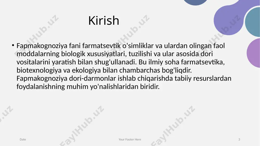 aniqlanishi bo'ldi. masalan, morfina, kokain, chinor efir moylari kabi moddalar fapmakognoziyaning rivojlanishiga katta ta'sir ko'rsatgan. date your footer here 10 © presentationgo.com by: .com fapmakognoziya va farmatsevtik dori vositalari fapmakognoziya farmatsevtik dori vositalarining asosiy manbaidir. o'simliklardan ajratilgan moddalar ko'plab dori preparatlarini yaratishda ishlatiladi. bugungi kunda tabiiy manbalar asosida dori vositalari ishlab chiqarish ko'plab sog'liqni saqlash tizimlarida muhim o'rin tutadi. date your footer here 11 © presentationgo.com by: .com fapmakognoziyaning zamonaviy yo'nalishlari fapmakognoziya sohasining zamonaviy yo'nalishlari genetik muhandislik, biotexnologiya va yuqori samarali texnologiyalar bilan boyitilgan. hozirda yangi dori vositalarini ishlab chiqish va biologik faol moddalarni aniqlashda molekulyar biotexnologiya usullari keng qo'llanilmoqda. date your footer here 12 © presentationgo.com by: .com fapmakognoziyaning ekologik muammolar bilan bog'liqligi fapmakognoziya ekologik muammolar bilan bevosita bog'liqdir. o'simliklarni yovvoyi tabiatdan yig'ish ekologik barqarorlikni ta'minlash zaruratini tug'diradi. tabiiy resurslardan foydalanishning nojo'ya ta'siri kamaytirish uchun o'simliklarni ekish va barqaror tarzda foydalanish muhimdir. date © presentationgo.com by: .com fapmakognoziya va …