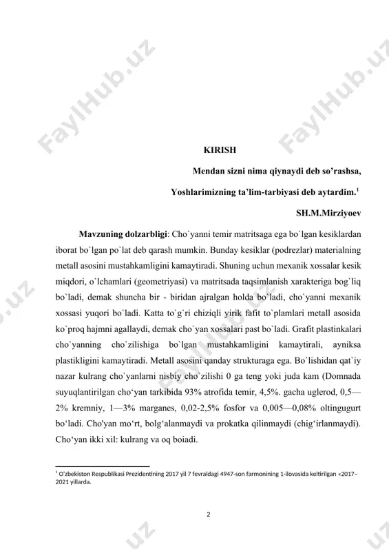 kurs ishining maqsadi: dars jarayonida o`quvchilarga ma’qul shart-sharoitlarini yaratish zamonaviy texnik-texnologik vositalarni kasb-xunar kolleji ustaxonalari moslashtirishni ilmiy metodik asoslarini yaratish. kurs ishining vazifalari: 1.cho’yan haqida umumiy tushuncha 2. cho’yan turlari va ulardan quymalar tayyorlash 3.po’at va ulardan foydalanish 4. rangli metallar va quymalarning quyilishini o’rganish.amaliy ish va bir soatlik dars ishlanma tuzishdan iborat. kurs ishning ob`ekti. umumiy o`rta ta`lim maktablari hamda kasb-hunar maktablarining o’quvchi yoshlari. kurs ishining predmeti: yog'ochdan tayyorlanadigan buyumlar va mahsulotlarga homashyo tanlash va tayyorlashda yog'och materiallarining xossalari va ishlatilishini o'rganish metodikasining maqsadi, metodi, vositasi, mazmuni va shakl tushuntirishdan iborat. kurs ishining tuzilishi: kurs ishi kirish, ikkita bob (4 ta reja), ilovalar, xulosa, hamda foydalanilgan adabiyotlar ro’yxati, iborat. i bob. cho’yandan tayyorlangan quymalarni o’rganish 1.1. cho’yan haqida umumiy tushuncha cho’yanlar xоssalari va sinflarga bo’linishi. 1. оk va qo’l rang cho’yan. 2. yuqоri mustahkamlikkaega bo’lgan cho’yanlar. 3. bоlgalanuvchi cho’yanlar. 4. mahsus lеgirlangan cho’yanlar. tеmir-uglеrоd qоtishmasi tarkidagi uglеrоd miqdоri 2,14% …