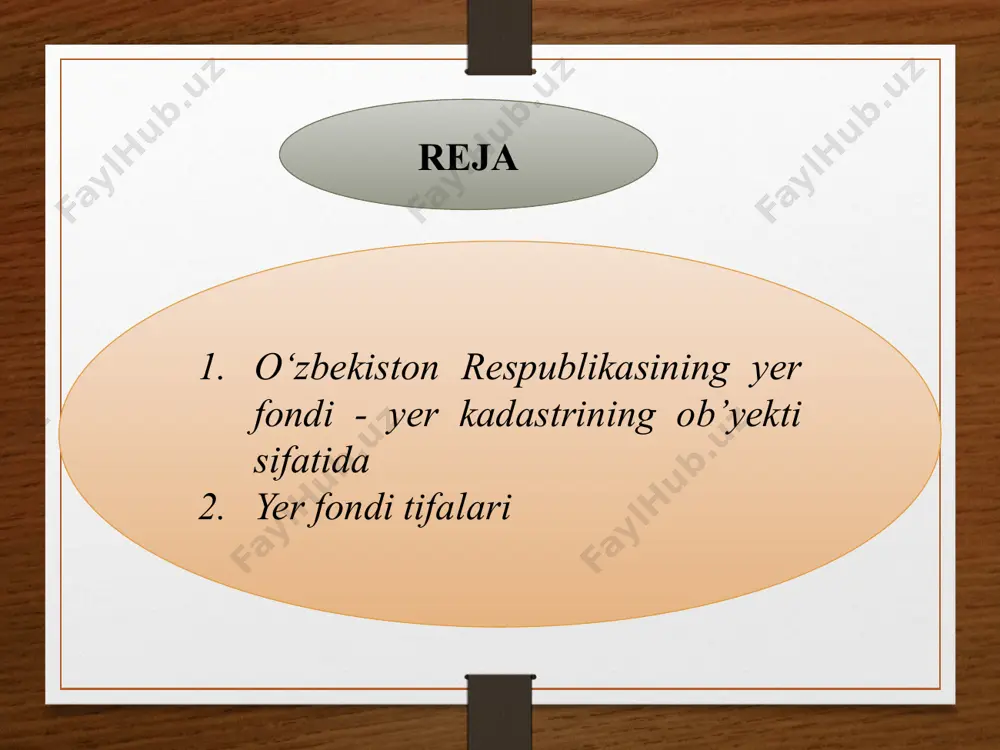 orlar (bog‘zor, tokzor va tutzorlar), yaylovlar, pichanzorlar va bo‘z yerlar qishloq xo‘jaligi yerlari jumlasiga kiradi. o‘zbekiston respublikasi vazirlar mahkamasining qarori “qishloq xo‘jaligiga mo‘ljallanmagan yer uchastkalarini xususiylashtirish to‘g‘risida”gi o‘zbekiston respublikasi qonunini amalga oshirish chora-tadbirlari haqida ўзбекистон республикаси президенти шавкат мирзиёев раислигида 15 октябрь куни давлат кадастрларини юритишнинг янги тизимини самарали ташкил этиш масалалари бўйича видеоселектор йиғилиши ўтказилди. «мамлакатимизда ер ажратиш ва давлат кадастри соҳасида бир неча ўн йиллар мобайнида тизимли муаммолар тўпланиб қолгани сир эмас. тартиб-интизом, ҳисоб-китоб бўлмагани сабабли минглаб гектар ерлар талон-торож бўлиб кетган. бу соҳадан аҳоли ҳам, тадбиркорлар ҳам норози эди. янги тизимга кўра, кадастр агентлиги солиқ қўмитаси таркибида ташкил этилгани бежиз эмас. чунки бу соҳада солиқ базасини кенгайтириш учун катта захира бор. мисол учун, яқинда бўстонлиқ, фурқат, косон туманлари ва урганч шаҳрида ўтказилган ўрганишларда жами 2 мингдан ортиқ кўчмас мулк объекти кадастр ва солиқ базаларида ҳисобга олинмагани аниқланган. шундай ҳолат ер майдонларида ҳам бор. масалан, хатловлар натижасида 66 …