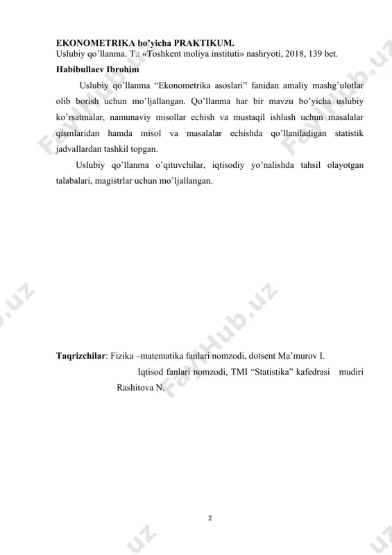 ..........……............................................ namunaviy misollar echish..................................................... mustaqil ishlash uchun masalalar……………..………… 77 77 80 87 v–bob. 5.1. 5.2. 5.3. iqtisodiy jarayonlarni prognozlash.............................. uslubiy ko’rsatma ...............……............................................ namunaviy misollar echish..................................................... mustaqil ishlash uchun masalalar……………..………… 97 97 100 104 vi–bob. 6.1. 6.1.1. 6.1.2. 6.1.3. 6.2. 6.2.1. 6.2.2. 6.2.3. 6.3. 6.3.1. 6.3.2. 6.3.3. 6.4. 6.4.1. 6.4.2. 6.4.3. 6.5. 6.5.1. 6.5.2. 6.5.3. amaliy ekonometrik modellar.......................................... iqtisodiyotda chiziqli modellar uslubiy ko’rsatma ...............……............................................ namunaviy misollar echish..................................................... mustaqil ishlash uchun masalalar……………..………… iste’mol tanlovi modellari uslubiy ko’rsatma ...............……............................................ namunaviy misollar echish..................................................... mustaqil ishlash uchun masalalar……………..………… ishlab chiqarish modellari uslubiy ko’rsatma ...............……............................................ namunaviy misollar echish..................................................... mustaqil ishlash uchun masalalar……………..………… iqtisodiyot dinamikasi modellari uslubiy ko’rsatma ...............……............................................ namunaviy misollar echish..................................................... mustaqil ishlash uchun masalalar……………..………… bozor munosabatlarini modellashtirishning ikki sektorli modeli uslubiy ko’rsatma ...............……............................................ namunaviy misol echish............................................................ mustaqil ishlash uchun masala.lalr……………..………… 110 110 110 112 115 116 116 118 119 120 120 123 124 125 125 127 130 131 131 132 133 adabiyotl