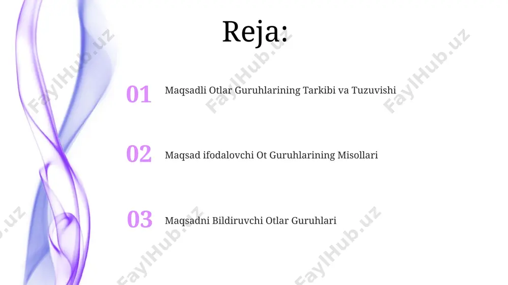 an. maqsad ifodasida ishlatiladigan murakkab ot kesimlari, masalan, "yangi bilim olish uchun", "kasb tanlash uchun" kabi, jumlaning 2-qismini tashkil qiladi va o'zbek tilida 5 ta asosiy qo'shimcha yordamida ifodalanadi. infinitivlar va maqsad ifodasi maqsad ifodasini bildiruvchi infinitivli iboralar ko'pincha "uchun" yoki "deb" kabi qo'shimchalar bilan qo'llaniladi va jumlaning 2 yoki 3 bo'lagi bo'lishi mumkin, masalan, samarqandga 5 ta do'stim bilan sayohat qilish uchun bordik. infinitivlar, masalan, "o'qish uchun" (reading for), "yozish uchun" (writing for) kabi 2 ta so'zdan iborat bo'lib, maqsad ifodasini aniq ko'rsatadi va jumla ichida 3-hol vazifasida keladi, masalan, toshkentda kitob o'qish uchun keldim. ingliz tilidagi o‘xshashliklar ingliz tilida maqsadni bildiruvchi ot kesimlari, masalan, "for building houses" yoki "for reading books" kabi iboralar, 2 ta asosiy qismdan – predlog va ot kesimidan iborat bo'lib, 15-asr angliya adabiyotida keng qo'llanilgan. "a tool for cutting" misolida ko'rinib turibdiki, "for cutting" ot kesimi asbobning maqsadini, ya'ni nima uchun ishlatilishini aniq ko'rsatadi …