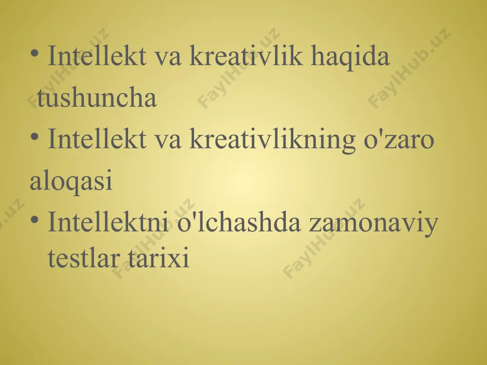 ngan holda idrokning ichki rejalarida bajariladigan xatti-harakat. 19 intellektual rivojtanish mezoni (ong iq - aqgliy yosh ayo) va xronologik yosh (xyo) munosabatni bildiruvchi mezon: iq = ayo/xyo x 100. inteltning biron bir yosh shkalasiga suyangan holda test natijalari orqali rivojlanishini aniqlash mumkin. klassifikatsiya - tevarak-atrofdagi olamni oʻrganishda birgina narsa bilan emas, balki koʻp va xilma narsalar bilan ish koʻrishga toʻgʻri keladi, yaʼni narsalarni oʻrganishga, sinflarga ajratishdir. analiz-tahli - murakkab ob'ektnilturli tarkibiy qismlarga yoki tavsifnoma berishdan iborat fikralsh operatsiyasidir. 20 kreativlik - bu shaxsning yangi g'oyalarni olishi, tafakkurning an'anaviy tabiatidan chetga chiqib, o'ziga xos, original qarorlar qabul qilish qodirligi. bu atamaga ilk bora 1922 yilda d.simpson tafakkurning nostandart usuli, deb ta'rif bergan. 21 kreativlik- bu insonni hayotga mos emas, balki uni oʻ ishlanadi. kreativlikning asosiy'omili bu insonning dezadaptatsiyasi, ya'ni uni atrof olam va ijtimoiy muhitga moslasha o'rnatishda deb qaraladigan nazariyalar ham mavjud. ba'zi olimlar shaxsning kreativlik qobiliyatini tashkilot olam va insonlardan …