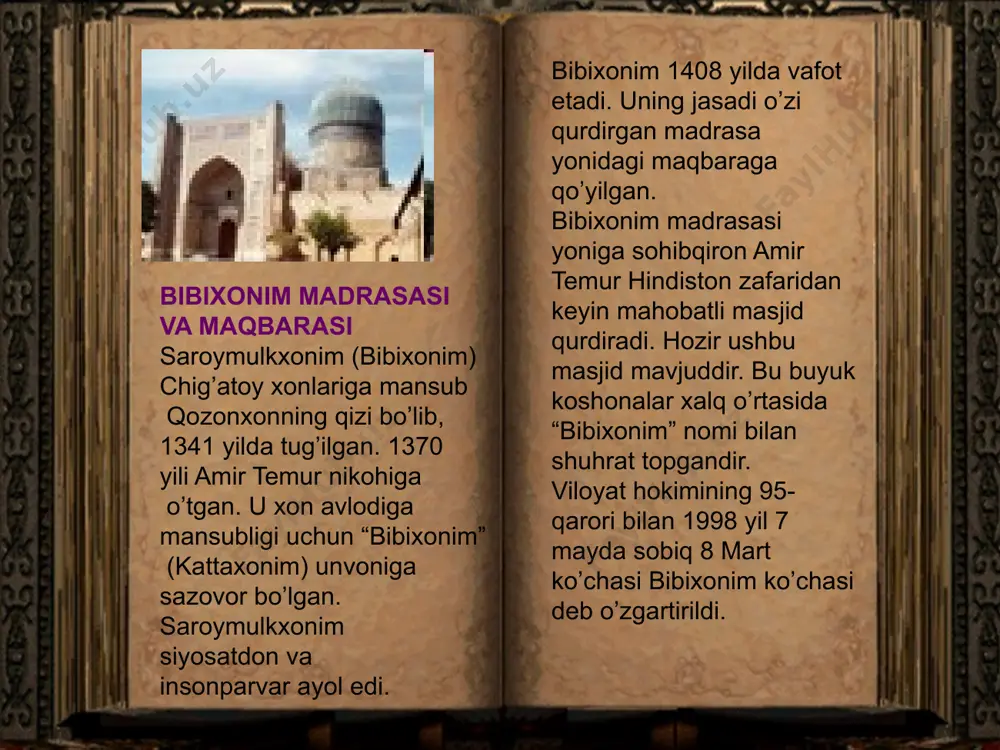 dafn etiladi. qusam ibn abbos haqida “qandiya” kitobida shunday satrlar keltirilgan: “hyech bir mozor shohizinda mozoridek ulug’ emasdir. payg’ambarimizning muborak yuzlarini ko’rgan oxirgi kishi ham qusam ibn abbosdir”. shuningdek, payg’ambarimizning “qusam ibn abbos o’zining yuz tuzilishi, husni va fazilatlari, odatlari bilan menga ko’proq o’xshaydi” - degan hadislari ham bor. shohizinda maqbarasi registon ansambli – samarqandning registon maydonida uch madrasa ( ulug’bek madrasasi , tillakori madrasa, sherdor madrasa) dan iborat me’moriy majmua. dastlab ulug’bek madrasasi bunyod etilib(1417-1420), keyinchalik qarshisiga -maydon sharqiga ulug’bek xonaqohi (1424) , shimoliga mirzoyi karvonsaroyi, janubiga alika ko’kaldosh juma masjidi(1430) qurdirgan , yonida esa yog’ochdan xotamkori uslubida masjidi muqatta va abusaid madrasasi qurilgan . ulug’bek madrasasi (1417-1420 yillar) ulug’bek madrasasi movarounnahr hukmdori, buyuk olim va munajjim mirzo ulug’bekning buyrug’iga ko’ra 1417-1420 yillarda qurilgan. ushbu madrasa markaziy osiyoda saqlanib qolgan eng qadimgi o’quv yurti binosidir. abu abdulloh muhammad ibn ismoil al-buxoriy 810 yil 20 iyulda buxoroda tavallud topadi. 7 …