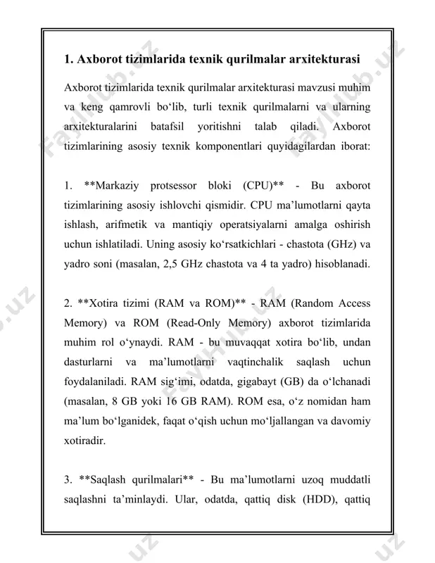 y ma'lumotlar keltirilgan. 1. **mexanik qurilmalar**: ushbu turdagi qurilmalar mexanik kuchlarni o'zaro ta'sirga olib keladigan usullar orqali ishlaydi. masalan, dvigatellar. ichki yonuv dvigatellari kimyoviy energiyani (yoqilg'i) mexanik energiyaga aylantiradi. ushbu jarayonda vaqt oralig'idagina yonuv hodisasi sodir bo'ladi, natijada mexanik harakat hosil qiladi. 2. **elektron qurilmalar**: bu turdagi qurilmalar elektron komponentlar va sxemalar asosida ishlaydi. misol uchun, tranzistorlar va diodlar elektron oqimni tartibga soluvchi asoslardir. tranzistorlar kuchaytirish qurilmalarida, signallarni kuchaytirish va tartibga solish uchun ishlatiladi. ikki holatli tranzistorlar (bjt yoki mosfet) orqali har xil ishlash rejimlari ta'minlanadi. 3. **termodinamik qurilmalar**: bu qurilmalar termodinamik qonunlarga asoslangan bo'lib, energiyani issiqlik shaklida uzatish va konversiya qilishga yo'naltirilgan. misol uchun, sovitish va konditsioner tizimlari issiqlik almashinuviga asoslangan holda ishlaydi. ushbu tizimlar carnot davrasiga yaqin amal qiladi va yuqori samaradorlik uchun eng past darajadagi issiqlikni ko'chirishga intiladi. 4. **optik qurilmalar**: yorug‘lik yoki boshqa elektromagnit nurlar asosida ishlaydi. linzalar, prizmalar, va reflektorlar yordamida nurni eng sifatli yig‘ish …