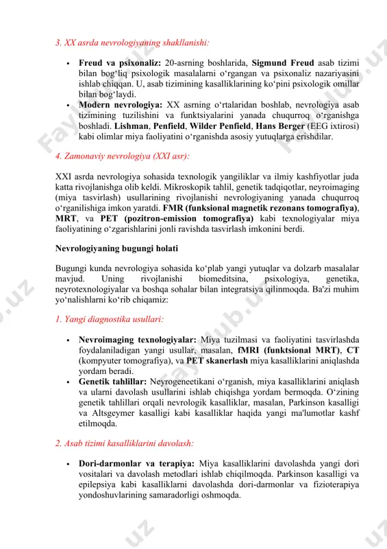 arini yaratdi va ularni bilimning yangi istiqboli sifatida ko‘rdi. · xix asrda: miya va asab tizimi tuzilishini o‘rganishga bo‘lgan qiziqish oshdi. johannes müller (xix asr) va santiago ramón y cajal kabi olimlar asab tizimi tuzilmasi, uning faoliyati va kasalliklarini o‘rganishda yirik yutuqlarga erishdilar. santiago ramón y cajal asab hujayralarining tuzilishi va ishlashini tasvirlab, asab tizimining neyronlar orqali axborot uzatishini tushuntirdi. 3. xx asrda nevrologiyaning shakllanishi: · freud va psixonaliz: 20-asrning boshlarida, sigmund freud asab tizimi bilan bog‘liq psixologik masalalarni o‘rgangan va psixonaliz nazariyasini ishlab chiqqan. u, asab tizimining kasalliklarining ko‘pini psixologik omillar bilan bog‘laydi. · modern nevrologiya: xx asrning o‘rtalaridan boshlab, nevrologiya asab tizimining tuzilishini va funktsiyalarini yanada chuqurroq o‘rganishga boshladi. lishman, penfield, wilder penfield, hans berger (eeg ixtirosi) kabi olimlar miya faoliyatini o‘rganishda asosiy yutuqlarga erishdilar. 4. zamonaviy nevrologiya (xxi asr): xxi asrda nevrologiya sohasida texnologik yangiliklar va ilmiy kashfiyotlar juda katta rivojlanishga olib keldi. mikroskopik tahlil, genetik tadqiqotlar, …