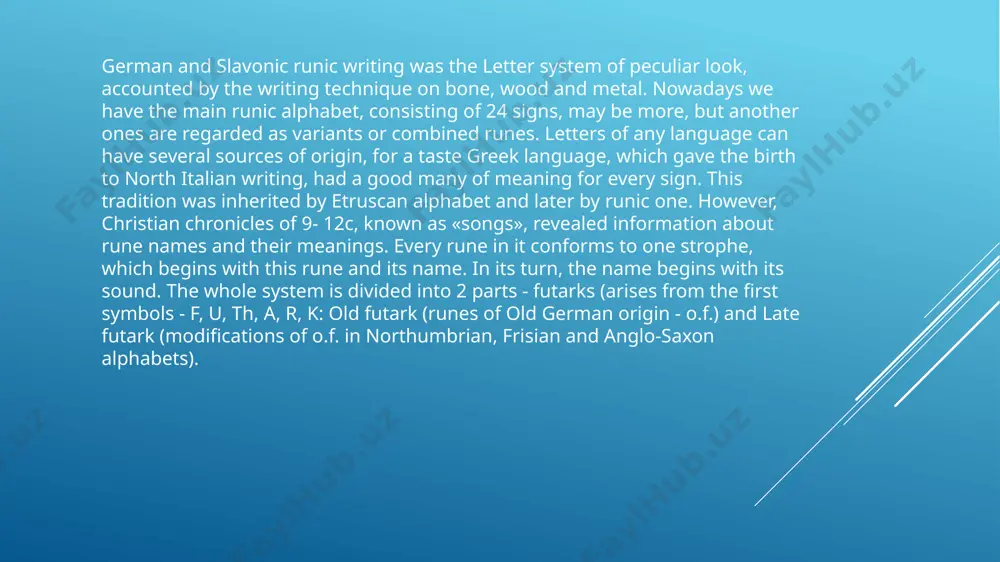 c alphabet. it has got nothing in common with "gothic" variants of romanticism period: the real gothic writing system was used by the goths on gothland island and later on the territory of poland, lithuania and even north black sea coast. in the 6-th c. gothic bishop ulfila invented parallel variant of gothic alphabet. creating it, ulfila took the range of common greek letters and perfected some runic sings, which existed already, with the aim to paint them with brush. during 5 following centuries it was used by west goths in spain and in the south of france. but in 1018 toledian counsel decreed to prohibit all runic alphabets as vane and pagan ones. it is clear from letter names and their order that ua is younger than other ra. so we can trace greek and latin influence in the system. we haven't got any historical confirmations, that slavonic people …