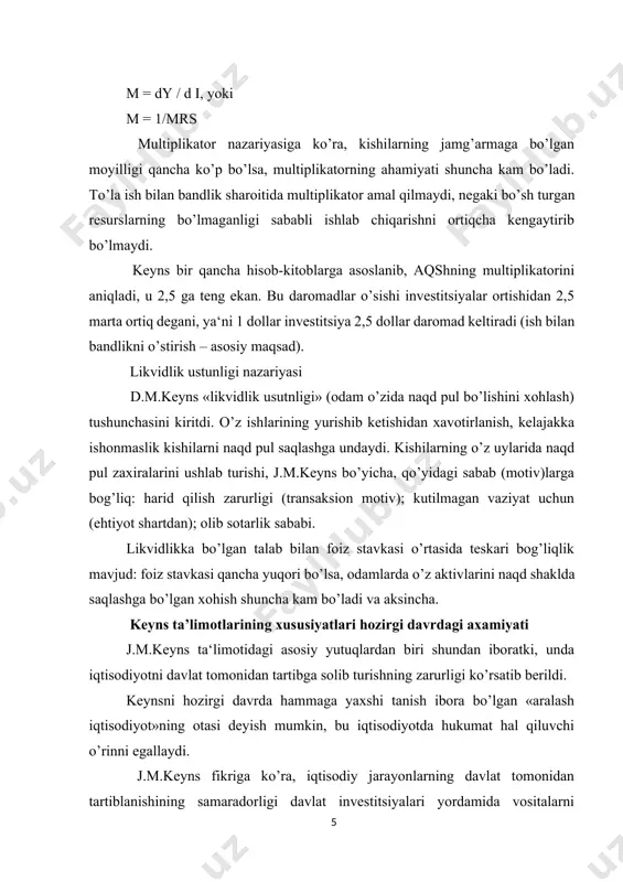 sad). yangi keynschilar iqtisodiyotni bilvosita va bevosita tartiblash chora-tadbirlarini ishlab chiqdilar. bilvosita ta‘sir o’tqazish usuliga soliq siyosati, byudjet orqali moliyalashtirish, kredit siyosati va b. kiritdilar. ularning naza-riyasi (modeli) iqtisodiyotning doim (mo’‘tadil) sur‘atlarda o’sishi dinamik barqarorlik (ilgarilab borish)ning asosiy sharti sifatida maqsadga muvofiq ekanligining umumiy xu-losalarini birlashtiradi. ularning fikricha, shundagina ishlab chiqarish quvvatlari va mehnat resurslaridan to’la foydalanishga erishish mumkin. harrod- domar modelining boshqa bir qoidasi bo’yicha ayrim parametrlar, chunonchi daromadlar-dagi jamg’arma hissasi va kapital quyilmalarning o’rtacha sa-maradorligi uzoq davr mobaynida doim deb tan olinishi hisoblanadi. mualliflar dinomik barqarorlik va doimiy o’sishga erishish avtomatik ravishda bo’lmasligi, balki davlat-ning shunga muvofiq siyosati natijasida, ya‘ni davlatning iqtisodiyotga faol ishtiroki tufayli ro’y berish mumkinli-gini ta‘kidlaydilar. domar va harrod modellaridagi farq-boshlang’ich pozitsiya-lardagi ayrim ko’rsatkichlardir. masalan, harrod medelida in-vestitsiya va jamg’armalar tengligi g’oyasi, domarda esa pul daro-madlari (talab) va ishlab chiqarish quvvatlari (taklif) teng deb qabul qilinadi. ikkala olim shunga ishonchlari komilki, daro-mad o’sishini ta‘minlashda investitsiyalar …