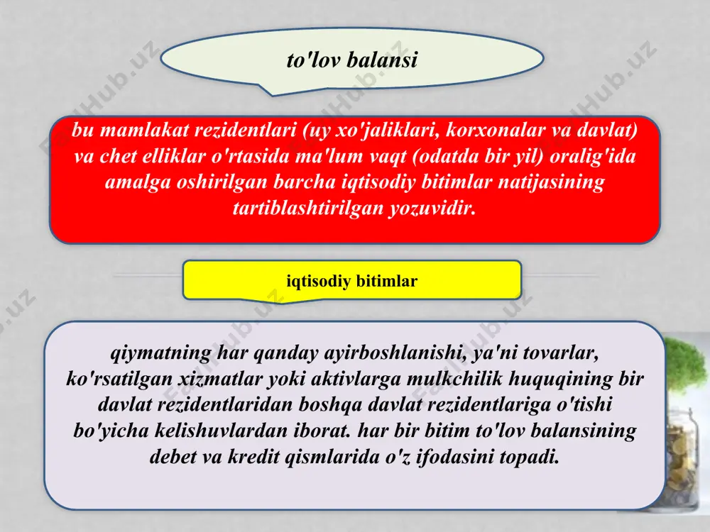 ga ta'sir ko'rsatuvchi to'lov balansi holati; 4 mamlakatdagi foiz stavkasi darajasi; 5 valyutaga jahon bozoridagi ishonch va h. k. valyuta-moliya sohasidagi davlatlararo tashkilotlar xalqaro valyuta fondi (xvf) o'ziga a'zo mamlakatlarning valyuta kursi va to'lov balanslarini tartibga soladi, ularning valyuta-moliyaviy muammolarini hal etish maqsadida kreditlar ajratadi, rivojlanayotgan mamlakatlarning ko'p tomonlama to'lovlari tizimini va tashqi qarzlarini nazorat qiladi. iqtisodiy va valyuta ittifoqi (ivi) moliya bozorlarining to'liq integratsiyalashuvini, kapitallar harakatining to'liq erkinlashuvini, barcha valyutalarning to'liq konvertatsiyasini ta'minlash va pirovardida milliy valyutalarni yagona valyuta bilan almashtirishni nazorat qiladi. xalqaro tiklanish va taraqqiyot bankining (xttb) xttb tomonidan taqdim etiladigan qarzlarning asosiy qismi qarz oluvchi mamlakatlarning iqtisodiyotini tarkibiy qayta qurish imkonini beruvchi loyiha va dasturlarni amalga oshirishga yo'naltirilgan uzoq muddatli kreditlar hisoblanadi. xalqaro moliyaviy korporatsiya (xmk uning faoliyati ustun ravishda rivojlanayotgan mamlakatlarning xususiy sektorini moliyalashtirishga yo'naltiriladi. valyuta-moliya sohasidagi davlatlararo tashkilotlar xalqaro rivojlanish assotsiatsiyasi (xra) uning asosiy faoliyati esa ko'proq qoloq mamlakatlarga imtiyozli yoki foizsiz kreditlar ajratishga …