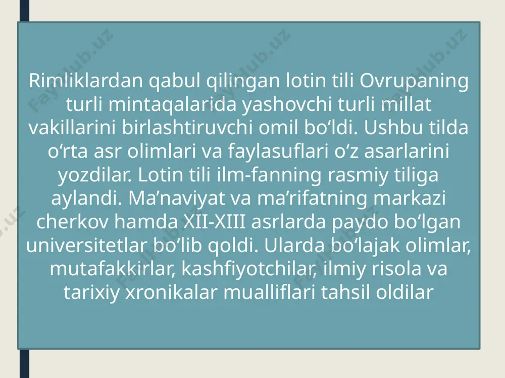 sh mumkin: 1. qirollik turkumi. bu turkumdagi dostonlar markazida buyuk karl obrazi bo‘lib, u fransiyaning ramzi sifatida tasvirlangan. 2. goran de monglanga bag‘ishlangan dostonlarda ideal vassal tarannum etiladi 3. feodallar o‘rtasidagi nizolarga bag‘ishlangan doon de mayans yoki feodal turkumi roland haqida qo’shiq 1100-yillarda yaratilgan karlning ispaniyaga yurushlari haqida xviii asr solnomasi matnida qirol karl armiyasining ar’ergardi16. pireney tog‘larida tor-mor qilinganligi, halok bo‘lganlar orasida breton chegara qo‘shinlarining boshlig‘i xroulend bo‘lganligi haqida xabar beriladi. geneolning xiyonati ronseval darasidagi jang oliver qilichi dyurendal, burg’usi olifent doston 291 she’r bandi(bu bandlar tirada deyiladi) “aoy” ritsar-kurtuaz adabiyoti trubadurlar kansona – sevgi qo‘shig‘i bo‘lib, unda muhabbat va diniy mavzu yoritiladi, bu janrdagi she’rlar nafisligi va bandlarning murakkabligi bilan ajralib turadi sirventa – asosan siyosiy xarakterdagi, qisman shaxsiy masalalarga bag‘ishlangan munozara yo‘sinidagi qo‘shiqdir. shoir unda o‘z dushmaniga qarshi hujum qiladi; tensona – sevgi, adabiy-falsafiy mavzularda ikki shoir o‘rtasida bo‘lgan she’riy dialogdan ibora alba yoki tong qo‘shig‘ida ritsar …