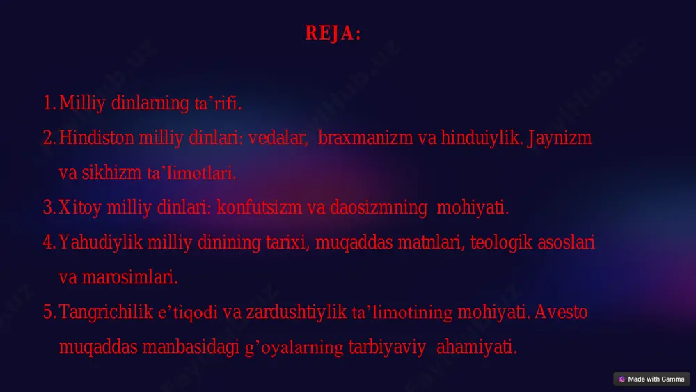 ?utm_source=made-with-gamma jaynizm jaynizm ta’limotining asosiy g‘oyasi deyarli barcha hind dinlari uchun umumiy bo‘lgan karmalar va nirvana haqidagi ta’limot hisoblanadi. nirvanaga erishgan inson qayta tug‘ilishdan ozod bo‘ladi. bunga esa faqat tarkidunyo qilganlargina erishishi mumkin, xolos. shuning uchun ham ushbu ta’limotda tarkidunyochilikka alohida e’tibor beriladi. inson dunyoda o‘zining barcha ehtiroslaridan voz kechgach, o‘z nafsini tiyishi, o‘z-o‘zini yengishi – yangi karma hosil bo‘lishiga yo‘l qo‘ymaydi. https://gamma.app/?utm_source=made-with-gamma sikxizm. sikxizm dini panjobda guru (ustoz) nanak tomonidan asos solinib, unga ergashganlar o‘zlarini sikxlar, ya’ni shogirdlar deb atashgan. «sikxizm» atamasi ham shu so‘zdan olingan. tadqiqotchilarning fikricha, sikxlar yakka xudoga e’tiqod qiladilar. bu din - boshqa iloh va butlarga ibodat qilishni, - hinduizmning yirik ziyoratgohlariga borishni, - folbinlik va sehr-joduga ishonishni taqiqlaydi hamda - tug‘ilish va o‘lim bilan bog‘liq bo‘lgan poklash marosimlarini tan olmaydi. https://gamma.app/?utm_source=made-with-gamma xitoy milliy dinlari xitoy milliy dinlari qadimgi xitoy madaniyatining asosiy qismlaridan biri hisoblanadi. konfutsizm va daosizm xitoy madaniyatiga chuqur ta'sir ko'rsatdi. konfutsizm konfutsiyning …