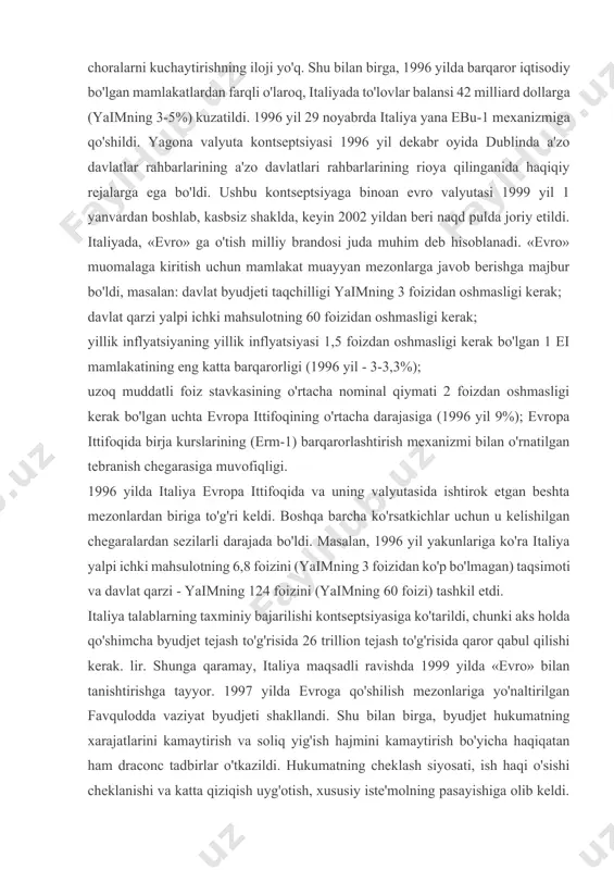 shi talabni talab qildi. asosiy jiddiylik, kompyuter ma'lumotlarini qayta ishlash va mijozlarga xizmat ko'rsatish tizimlarini o'zgartirishga to'g'ri keladigan bank idoralari tomonidan qabul qilindi va 2002 yilga kelib ikkita valyutada parallel hisoblarni almashtirish uchun avtomatatni to'liq almashtirishga majbur bo'ldi. evropa ittifoqi bank federatsiyasining ma'lumotlariga ko'ra, taxminan 10-12 milliard ecu qabul qilindi, bu bank operatsiyalarining yillik aylanmasining 2 foizini tashkil etdi. shu bilan birga, yangi pul birligining joriy etilishi bilan bog'liq bo'lgan ulkan xarajatlar, 1999 yil 1 yanvardan 1 yanvardagi birinchi 15 mamlakat orasida «evro» ni joriy qildi. «evro» ning joriy etilishi davlat moliyalarini takomillashtirishga olib keldi, ular davlat qarzini ko'rsatishga (italiyada) «byudjet xarajatlarining 20 foizi» iste'mol qilgan holda. bu yangi ish o'rinlari va ijtimoiy ehtiyojlarni yaratish xarajatlarini oshirishga imkon berdi. valyuta bloki - italian lirasi (ligron) kurs italiya lirasi evropa pul tizimida (emu) ishtirok etayotgan mamlakatlar valyutalariga nisbatan o'zgarib turadi, uning a'zosi o'zaro markaziy kurslarning ± 6% ± 6% miqdorida og'ishlar …