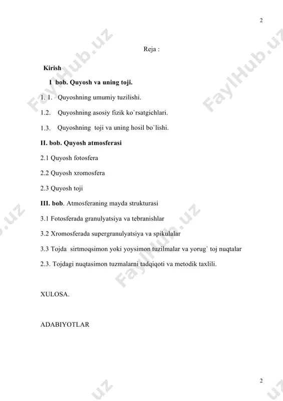 internetdan olingan ma`lumotlarga asoslanib protuberanetslarning ko`pgina xususiyatlarini o`rganish mumkin. mavzuning dolzarbligi: osmon yoritgichlarni harakatlari va ularning fizik xususiyatlarini o`rganish insoniyatni doimo o`ziga jalb qilgan. ayniqsa quyosh sestemasida bo`ladigan astronomik jarayonlarni sabablarini va ularga ta`sir etuvchi tashqi kuchlarnni aniqlash dolzarb masala bo`lib kelgan. koinot sirlarini o`rganish insoniyatning azaliy orzusi bo`lgan. buning uchun insonlar kuzatish qurilmalarini yaratishdi va takomillashtirib borishmoqda. quyosh tojidagi nuqtasimon tizmalar va ularning ko`rsatgichlarini, ta`sir etuvchi omillarni o`rganish hozirgi astronomik olimlar uchun qiziqarli mavzulardan biridir. bu esa quyosh temperaturasi haqidagi bilimlarimizni oshirishga yordam beradi. shuning uchun bu bitruv. malakaviy.ishimning mavzusini “quyosh tojidagi nuqtasimon tizmalar va ularning ko`rsatgichlari” deb tanlandi. bu mavzu dolzarb mavzudir. shu sababli ham biz bitiruv malakaviy ishimizni shu mavzu asosida olib bordik. bitiruv malakaviy ishimning maqsadi va vazifalari: quyosh ichki tuzilishi va uning atmosferasini haqidagi bilimlarimizning oshirish uchun quyosh atmosferasidagi protuberanetslarning fizik holatini bilishimiz asosiy rol o`ynaydi. quyoshdagi bo`ladigan energetik o`zgarishlarning uning atmoserasi tizilishi va undagi …