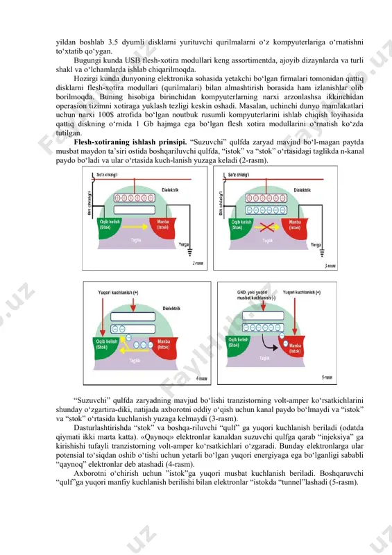 fda to‘plangan holda saqlanadi. tranzistorning suzuvchi qulfdagi elektr zaryadlari chiqish va kirish yo‘llarini kengaytiradi va uning o‘tkazuvchanligini oshiradi, bu hodisa axborotni o‘qish uchun qo‘l keladi. dasturiy yo‘l bilan axborotni o‘qish qurilmaning energiya sarfi jihatidan juda katta farq qiladigan jarayon. flesh-xotira qurilmalariga axborot yozish jarayoni nisbatan katta energiya sarf qiluvchi jarayon hisoblanadi, axborotni o‘qish jarayoni esa nisbatan kam energiya sarf qiluvchi jarayondir. flesh-xotira qurilmalaridagi axborotni o‘chirish uchun boshqaruvchi qulfga manfiy yuqori kuchlanish beriladi va elektronlar suzuvchi qulfdan chiqish yo‘liga oqib o‘tadi (tunnellashadi). ili ne (nor) arxitekturali flesh xotira qurilmalarida har bir tranzistorga alohida kontakt keltirishni talab qilinishi tufayli u qurilmaning fizik hajmini kattalashtirib yuboradi. bu muammo i-ne (nand) arxitekturali flesh-xotira qurilmalarida o‘z yechimini topgan. arxitekturasi i-ne (nand) elementiga asoslangan flesh xotira qurilmalari. bunday flesh-xotira turlarining asosida i-ne (nand) tranzistor elementlari yotadi. ishlash tamoyili nor turiga o‘xshash bo‘lib, faqat yacheykalarning joylashishi va kontaktlari bilan farqlanadi. shu sababli har bir yacheykaga alohida individual …