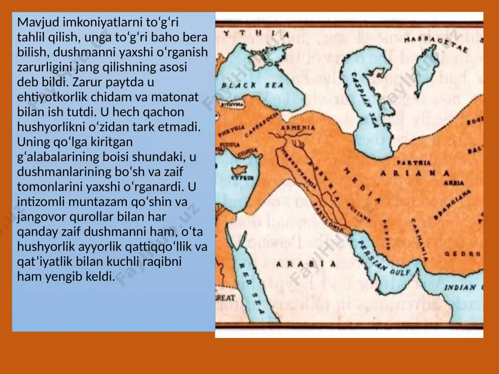 ib olishga chiqqan begunoh branxidlarni qirib tashlaydi va ularning shahar va qishloqlarining kulini ko‘kka sovuradi. shundan keyin aleksandr ptolemey qo‘shinlari bilan birlashadi. u asirga tushgan bessning quloq va burnini kesib, ekbatana shahriga, ya’ni doro iii ning qarindoshlari qo‘liga topshirish uchun yuboradi. u yerda bess vaxshiyyona o‘ldiriladi. nautakadan keyin aleksandr marakanda (samarqand)ga yo‘l oladi. bu transaksoniyaning yirik shaxarlaridan biri bo‘lgan. iskandar jangda o‘ta berahm bo‘lgan. maraqandani egallagach, maxalliy tilni yaxshi biladigan farnux boshchiligida 1000 ta jangchidan iborat gornizonni qo‘yib, o‘zi sirdaryo bo‘yida joylashgan kiropol shaxrini egallashga ketadi. (kiropol-shim.tojikistondagi nurtepa yodgorligi). u katvan cho‘li, malguzar tog‘liklari va zamin cho‘li (tojikistonning xo‘jand viloyati) orqali borgan. bu yerda kiropolga yetmasdan yozma manbalarda ma’lumot berishlaricha, 7 ta shahar qattiq qarshilik ko‘rsatgan. arxeologik tadqiqotlar natijasida, mil.avv. v-iv asrlarga oid bir necha manzilgohlar topilgan. ularning eng yiriklari xan tepa va nurtepa bo‘lgan. bu yerda bo‘lgan jangda hatto aleksandrning o‘zi ham yaralangan. kiropolni egallab, u yerda aleksandriya esxatani …
