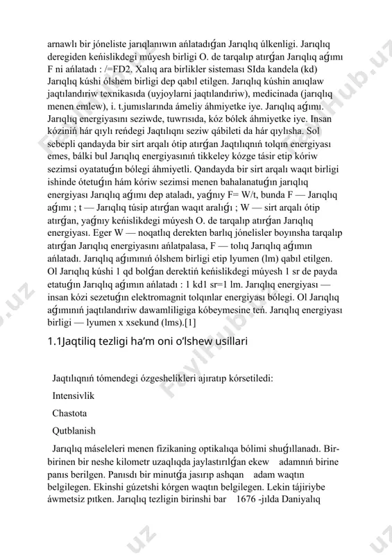 jabayı adamlar da suvda óz hákislerin kórip tańlanıwǵa túsediler. bul hádiyselerdiń sebebi jaqtılıqnıń hár qıylı dene- lar - ayna, suw maydanı, áynek áynegi, tegislengen metall ústleri hám basqa buyımlardan qaytıwı bolıp tabıladı. jarıqlıq hawadan suvga túskende onıń bir bólegi qaytadı, bir bólegi suw ishine ótedi. jaqtılıqnıń qaytıwını úyreniw ushın tómendegi apparattan paydalanıladı (99 -súwret). optikalıq disk ortasıǵa tegis ayna qoyıp, oǵan «nurli kórsetkish» (lazer) nurını jiberaylik. sonda aynadan nur qaytqanın kóremiz. nurning túsiw múyeshin ózgertirip ko'rsak, qaytıw múyeshi da oǵan uyqas túrde ózgerar eken. túsiw múyeshi dep, túsken nur menen, nur túsken noqatqa ótkerilgen perpendikular arasındaǵı múyesh (α) ga aytıladı. qaytıw múyeshi retinde qaytqan nur menen, sol noqatqa ótkerilgen perpendikular arasındaǵı bur chak (γ) alınadı. tájiriybeler kórsetedi, qaytıw múyeshi hár mudam túsiw múyeshine teń: α = γ. buǵan jaqtılıqnıń qaytıw nızamı dep ataladı. eger buyımnıń maydanı mutloq tegis bolǵanda edi, nur odan tek bir tárepke qaytqan hám biz onı sol …