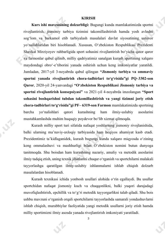 i sifatida nafaqat yoshlarning jismoniy rivojlanishida, balki ularning ma’naviy-axloqiy tarbiyasida ham beqiyos ahamiyat kasb etadi. prezidentimiz ta’kidlaganidek, kurash bugungi kunda xalqaro miqyosda o‘zining keng ommalashuvi va mashhurligi bilan o‘zbekiston nomini butun dunyoga tanitmoqda. shu boisdan ham kurashning nazariy, amaliy va metodik asoslarini ilmiy tadqiq etish, uning texnik jihatlarini chuqur o‘rganish va sportchilarni malakali tayyorlashga qaratilgan ilmiy-uslubiy ishlanmalarni ishlab chiqish dolzarb masalalardan hisoblanadi. kurash texnikasi ichida yonbosh usullari alohida o‘rin egallaydi. bu usullar sportchidan nafaqat jismoniy kuch va chaqqonlikni, balki yuqori darajadagi muvofiqlashtirish, epchillik va to‘g‘ri metodik tayyorgarlikni talab qiladi. shu bois ushbu mavzuni o‘rganish orqali sportchilarni tayyorlashda samarali yondashuvlarni ishlab chiqish, murabbiylar faoliyatida yangi metodik usullarni joriy etish hamda milliy sportimizni ilmiy asosda yanada rivojlantirish imkoniyati yaratiladi. mazkur tadqiqotning dolzarbligi ham shunda ko‘rinadiki, prezidentimiz tomonidan ilgari surilgan sog‘lom turmush tarzini qaror toptirish, yoshlarni sportga keng jalb qilish va milliy qadriyatlarimizni asrab-avaylash siyosati bilan bevosita hamohang bo‘lib, kurashda yonbosh usullarini samarali …
