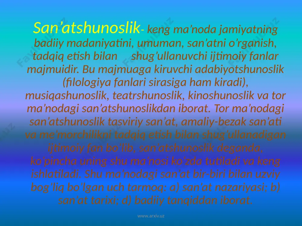 xv asrda husayn koshifiy, mu’inuddin voiz, voiz haraviy, zayniddin vosifiy kabi notiqlik san’atini puxta egallagan so’z ustalari yetishib chiqdilar. xvi asrlarga kelib notiqlik san’ati turlari, qonun- qoidalarini aks ettiruvchi bir necha ilmiy-uslubiy qo’llanmalar vujudga kelgan. www.arxiv.uz ganchkorlik san’ati. xalq hunarmandchiligida ganchkorlik san’ati ham o’zining estetik zavq beruvchi, nafosatga boy va serqirra asarlari bilan muhim o’rin tutadi. o’rta osiyo va sharq xalqlarining estetik didi naqadar yuksak darajada rivojlanganligidan guvohlik beruvchi buxoro, samarqand, toshkent, xiva, farg’ona va boshqa shaharlardagi ganchdan ishlangan san’at asari namunalarini ko’rib ajdodlarimizning iste’dodlariga tasannolar aytamiz. ganch 2 xil: tabiiy va sun’iy. ganch o’ymakorligi bilan shug’ullangan ustalar ganchkorlar deb ataladi. www.arxiv.uz www.arxiv.uz vaqt san`ati musiqa san`ati; maqom san`ati; qo`shiqchilik va raqs san`ati; badiiy adabiyot; www.arxiv.uz musiqa san’ati. “musiqa- tafakkurning qudratli manbai. musiqiy tarbiyasiz tom ma`nodagi aqliy kamolot bo`lishi mumkin emas”. v.a.suxomlinskiy. www.arxiv.uz yana bir qadimiy san’at turi- musiqadir. bu san’at turi barcha davr daholari e’tiborini o’ziga jalb qilib keldi. …
