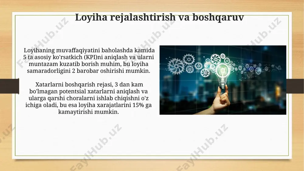 iga va mijozlarning fikr-mulohazalarini hisobga olishga alohida e'tibor qaratish kerak. innovatsion g'oyalarni aniqlash va baholash innovatsion g'oyaning muvaffaqiyat ehtimolini aniqlash uchun swot tahlili va raqobatbardoshlik tahlili kabi 2 ta asosiy tahlil usullaridan foydalanish tavsiya etiladi. g'oya generatsiyasi jarayonida brainstorming yoki "6-3-5" usullari kabi ijodiy usullarni qo'llash orqali 10 dan ortiq potentsial innovatsion yechimlarni aniqlash mumkin. texnologiyalarni qo'llash va integratsiyalash sun'iy intellekt (ai) yordamida avtomatlashtirish jarayonlari, o'rtacha 25% vaqtni tejash va xatoliklar sonini 10% ga kamaytirishga yordam beradi. bulut texnologiyalari (cloud computing) korxonalarga ma'lumotlarni saqlash va boshqarish bo'yicha 50% gacha tejash imkonini beradi. e'tiboringiz uchun rahmat @taqdimot_robot image7.jpg image8.jpg image9.jpg image10.jpg image11.jpg image12.jpg image13.jpg image14.jpg image15.jpg image16.jpg image17.jpg image18.jpg image3.png image4.png