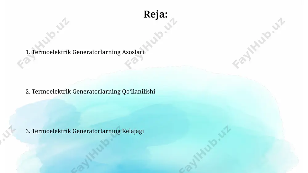 effitsiyentiga erishish kutilmoqda. nano-materiallar va yangi termoelektrik materiallarning qo'llanilishi generatorlarning ishlashini sezilarli darajada yaxshilashi va narxini 30% ga kamaytirishi mumkin. teglarning turlari termoelektrik generatorlarning samaradorligi 1 dan 8% gacha o'zgarib turadi, bu esa ishlatilayotgan material va ishlash sharoitlariga bog'liq. segnetoelektrik materiallarga asoslangan teglar yuqori haroratlarda (~500°c) yuqori quvvat zichligiga ega bo'lishi mumkin. teglarning qo'llanilishi kosmik kemalarda teglar radioizotop termoelektrik generatorlari sifatida ishlatiladi va 100 vt dan ortiq quvvat ishlab chiqarishi mumkin, bu uzoq muddatli missiyalar uchun muhim ahamiyatga ega. teglar avtomobil dvigatellarida ishlatiladigan issiqlikni elektr energiyasiga aylantirish orqali yonilg'i sarfini 5-10% ga kamaytirishga yordam beradi, bu esa ekologik jihatdan foydali hisoblanadi. e'tiboringiz uchun rahmat @taqdimot_robot image2.jpg image3.jpg image4.jpg image5.jpg image6.jpg image7.jpg image8.jpg image1.png
