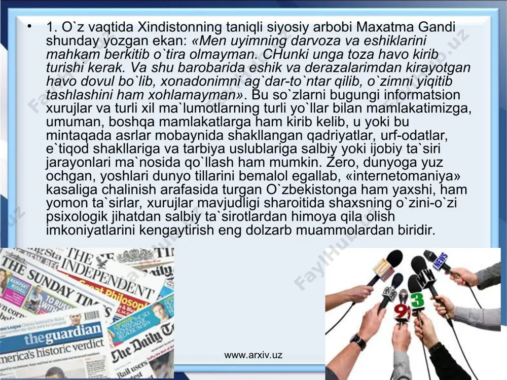 rish uchun farzand tug`ilishi uchun davlat tomonidan ajratiladigan nafaqalarning, suyunchi pullar miqdorining orttirilishi, onalar uchun alohida imtiyozlarning joriy etilishi yoki bola soni ortgani uchun oilaga ko`rsatiladigan muruvvat ayollarni sog`lom oila qurib, unda sog`lom farzandlarni tarbiyalashga undarmikin, degan savol o`ylantirmoqda va mulohazalar mantig`idan shu narsa ayon bo`lmoqdaki, zamonaviy evropaliklarni bunday imtiyozlardan ko`ra, mansab pog`onalaridan ko`tarilib, o`z manfaatinigina o`ylab yashash ko`proq qiziqtiradi. chunki zamonaviy g`arb yoshlari, xotin-qizlar uchun bu kabi imtiyozlar bola tug`ilishi va bu bilan bog`liq tashvishlar oldida hech gap emas. shu kabi gedonistik psixologiya bizning yoshlarimiz ongida paydo bo`lmasligi, ochiq axborotlar makonida bemalol turli ma`lumotlarni qabul qilish imkoniyati paydo bo`lgan hozirgi sharoitda ularni ezgu maqsadlarga yqnaltirish, ularda sog`lom dunyoqarash, ertangi kunga ishonch, sobit g`oya, sog`lom hissiyotlar, el-yurt oldida, oilasi va yaqinlari oldida insoniy javobgarlik va yuksak mas`uliyat hislarini tarbiyalash millat manfaatiga bevosita aloqador vazifamizdir. www.arxiv.uz www.arxiv.uz jahon hamjamiyatining mustaqil o`zbekistonni tan olishi, davlatimizning keng tashqi siyosiy va tashqi iqtisodiy faoliyati …