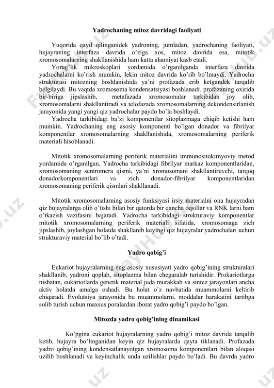 ’kma hosil qilgan shaklni o’z navbatida boshqa tiplarga aylanib turadi. bu tip normoblast va teri epiteliy hujayra yadrolarida uchragan. segregirali tipdagi yadrocha, kimyoviy moddalar yoki antibiotiklar bilan ishlov berilgan hujayra yadrolarida uchrashi kuzatilgan. “segregira” atamasi yadrochadagi har xil komponentlarining ajralib, tarqalishi xromosomalardagi o’z o’rniga tartib bilan ko’chib o’tishini ifodalaydi. yadrochalarning ribosomalar sintezlanishidagi roli. yadrochalarning ribosomalar sintezlanishidagi roli juda muhim hisoblanadi. yadrochada transkripsiya jarayonining boshlang’ich davrida rnk – polimeraza i fermentining faoliyati natijasida, birlamchi r-rnk transkripsiyasi boshlanadi. rnk – polimeraza i fermenti ta’siri natijasida transkripsiyalanadigan birlik alohidalanib boshlanadi, navbatdagi rnk – polimeraza natijasida r-rnk sintezlanadi. bir vaqtning o’zida o’zida juda ko’p miqdorda rnk – polimeraza i fermenti ta’sir etib boshlaydi va har xil bosqichdagi sintez amalga oshadi. oxirgi natijada r-rnk yoki 45 s r-rnk hosil bo’ladi. sintezning keyingi zanjirida r-rnk lar yadroga sitoplazmadan kelib tushgan ribosoma oqsili bilan qoplanib, navbatdagi zanjir mahsulotini rnp (ribonukeooroteidni yoki 80 s subbirlik) 45 s r-rnkni …