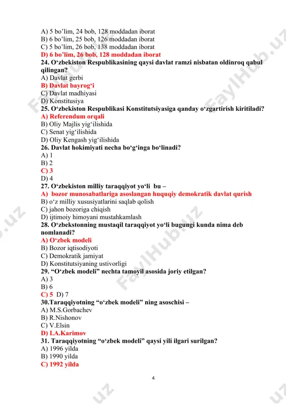 dent b) kengash deputatlari c) bosh vazir d) senat 38. tuman va shaharlar hokimlarini kim tayinlaydi? a) prezident b) kengash deputatlari c) bosh vazir d) viloyat hokimi 39. tumanlarga boysunadigan shahar hokimlari kim tomonida tayinlanadi? a) prezident b) tuman hokimi c) bosh vazir d) viloyat hokimi 40. tumanlarga boysunadigan shahar hokimlari kim tomonida tayinlanadi? a) prezident tomonidan b) oliy majlis tomonidan c) markaziy saylov komissiyasi tomonidan d) fuqarolar yig’inlari tomonidan 41. o‘zbekiston respublikasida necha yoshga to’lgan shaxslar saylash huquqiga ega? a) 16 b) 18 c) 21 d) 25 42. necha yoshdan kam bo’lmagan fuqarolar prezidentlikka saylanishi mumkin? a) 35 yoshdan b) 25 yoshdan c) 21 yoshdan d) 18 yoshdan 43. necha yoshga to’lgan fuqarolar oliy majlisga saylanishi mumkin? a) 35 yosh b) 25 yosh c) 21 yosh d) 18 yosh 45. necha toshga to’lgan fuqarolar viloyat, tuman, shahar kengashlariga deputatlikka saylanishi mumkin? a) 35 yosh b) 25 yosh c) 21 …