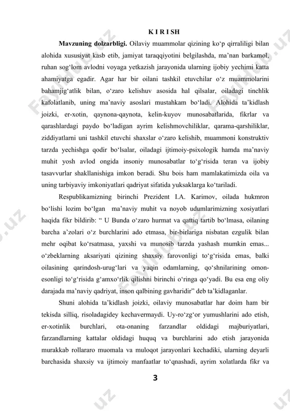 liklar to‘g‘risida ijtimoiy tasavvurlarning shakllanganlik darajasi undagi ma’naviy muhit va oila a’zolarining sog‘lom fikrlashi darajasiga bog‘liq ekanligi isbotlangan. biz tanlagan muammoning dolzarbligi yoshlik davrining noyobligi bilan bog‘liq bo‘lib, aynan shu davrda bola ongida shakllanadigan ijtimoiy tasavvurlar tizimida oilaviy o‘zaro munosabatlarda namoyon bo‘ladigan ziddiyatli, nizoli xolatlar, ularning kelib chiqish sabablari va ularni bartaraf etish yo‘llari to‘g‘risidagi tasavvurlar alohida o‘rin tutadi. bu tasavvurlar majmui shaxsni nafaqat oilaviy o‘zaro munosabatlarda o‘z o‘rnini topish va muammoli vaziyatlardan chiqishning optimal yo‘lini belgilashga imkon beradi, balki, bu davrdan keyingi mustaqil taraqqiyot davrida jamiyat miqyosidagi ijtimoiy munosabatlarga, jumladan, istiqboldagi oilaviy hayotga ham tayyorlaydi. shu nuqtai nazardan olib qaralganda, oilaviy nizolarning ham konstruktiv (ijobiy oqibatli) ham destruktiv (salbiy oqibatli) asoratlari bo‘lib, ularni idrok etishdan hosil bo‘lgan obrazlar yoshlarning ijtimoiy xulqidagi salbiy va ijobiy yo‘nalishlarini belgilaydi. aynan shuning uchun ham oilaviy nizolarning namoyon bo‘lishi, shakllari, oqibatlarini ilmiy jihatdan o‘rganish ijtimoiy psixologiya uchun amaliy ahamiyatga molikdir. olimlar tomonidan to‘plangan ilmiy …