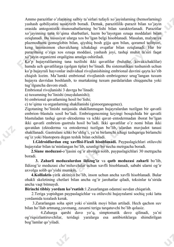 qa miya to‘qimalarida parazitlik qiladi. ekvatorial afrikada uchraydi. tripanosomoz antropozoonoz, tabiiy-manbali, transmissiv kasallikdir. (qon so‘ruvchi, tashuvchilar orqali yuqtiriladigan kasalliklarni transmissiv kasalliklar deyiladi). morfologiyasi. parazitning xarakterli belgisi pellikula (hujayra qobig‘i) va xivchin orasida to'lqinlanuvchi membrana mavjudligidir. hayot sikli. yuqish manbai odamlar, echkilar, bug‘ular, cho‘chqalar, qo‘ylar, itlar hisoblanadi. uning maxsus tashuvchisi se-se pashshasi (glossina palpalis) dir. xo‘jayinlar almashtirib, murakkab rivojlanish siklini o‘tadi, jinssiz ko‘payadi. patogen ta’siri. kasallarda seruyqulik, mushaklar holsizligi alomatlari kuzatilib, kasallik 7-10 yilgacha davom etadi va ko‘pincha o'limga olib keladi. profilaktikasi. shaxsiy choralar - dorilarni ichish, umumiuy choralar- se-se pashshalarini yo‘qotish, ular ko‘payadigan joylar, chakalakzorlarni tozalash. 6.trixomonadalar avlodi (trichomonas) trixomonodoz degan kasalliklarning chaqiruvchilari bo’lib, uch turni o’z ichiga oladi: 1.ichak trixomonadasi – trichomonas intestinalis. 2.qin trixomonadasi–trichomonas vaginalis.3.og’iz trixomonadasi – trichomonas tenax. ichak trixomonadasi yo’g’on ichakda parazitlik qiladi, qin trixomonadasi esa ayol va erkaklarning siydik hamda jinsiy yo’llarida hayot kechiradi. morfologik tuzilishi. trixomonodalarning tanasi oval shaklda bo’lib, orqa qismi ingichkalashib ketgan. …