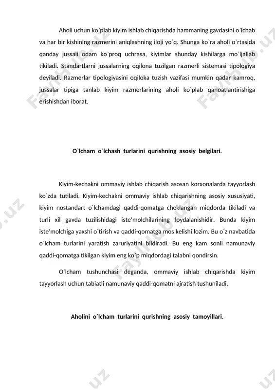 g`lanishga ega bo`lishi kerak; v) har bir yetakchi belgi boshqa belgilar bilan mustahkam bog`langan bo`lishi kerak; g) yetakchi belgilar bazis o`lchovlariga mos kelishi lozim, shuningdek oddiy va aniq o`lchash imkoniyatiga ega bo`lishi kerak. inson qaddi-qomatining turini aniqlovchi ko`krak aylanada gavda uzunligi bu talabga javob berishi kerak. amaliyot qaddi-qomatni to`la tasnifi uchun o`lcham belgilarini bilish yetarli emasligini ko`rsatadi. 1961 yilda bo`ksa aylanasi va bel aylanasi kiritildi. turlar ko`p o`lchamli bo`ladi. namunali qaddi-qomatini xarakterlashda yelka balandligi qo`shimcha ko`rsatiladi. ular yetakchi belgilar sifatida qabul qilinmagan boshqa belgilar bilan aloqasi pastligi uchun ham koeffitsienti 0,01%ga teng. hozirgi vaqtda 1980 yilda birinchi standart kiritilgan (st. gost 423-77) ishlatiladi. «tikilgan buyumlar», erkaklar va ayollar kiyimlarining rivojlanish sistemasi va kiyimlar o`lchamlarining belgilanishi. ushbu gost bo`yicha quyidagi belgilar qabul qilingan: - bo`yi; - butun ko`krak aylanasi; - butun bo`ksa aylanasi; - ayollar bo`ksa aylanasi; - erkaklar uchun bel aylanasi. keyingi yillarda korpus holati va yelka balandligi yetakchi belgilar …