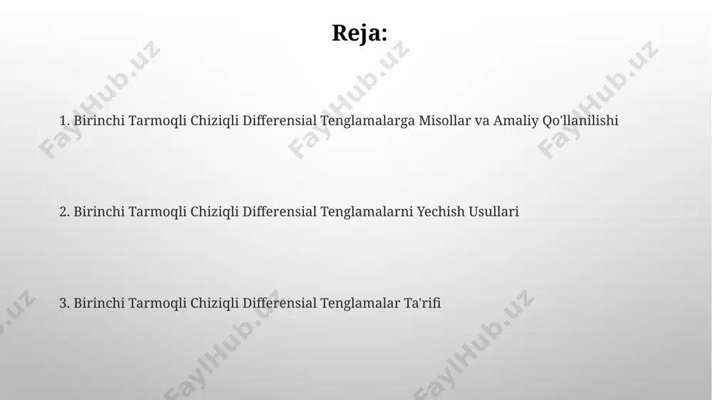 k bo'lsa ham, integrallash omilini hisoblashda c qo'shilmaydi, chunki faqat bitta integrallash omili mavjud. standart shaklga keltirish agar differentsial tenglama y’ + 2xy = x² ko’rinishida bo’lsa, u holda p(x) = 2x va q(x) = x² bo’ladi, bu standart shakl hisoblanadi va yechish usullarini qo’llash mumkin. standart shaklga keltirishda, tenglamani y ga nisbatan 1-darajali bo’lishiga ishonch hosil qilish kerak, ya'ni y ning eng yuqori darajasi 1 bo'lishi shart, masalan, 2y’ + 3y = 4x tenglamasini 2 ga bo’lib standart shaklga keltiramiz. amaliy misollar birinchi tartibli chiziqli differentsial tenglama y' + p(x)y = q(x) ko'rinishidagi tenglamaga 5x²y' + 10xy = 2x misolida aniq yechimni topish mumkin. y' + 2xy = x³ tenglamada, x ning funktsiyasi sifatida y ni topish uchun integratsiyalash omilini qo'llash va chegaraviy shartlarni hisobga olish zarur. qo'llanilishi kimyoviy reaksiyalar kinetikasida, 2-tartibli reaksiyalarni soddalashtirilgan 1-tartibli modelga yaqinlashtirish orqali, reaksiya tezligini va reaktantlar kontsentratsiyasini hisoblash uchun qo'llaniladi. elektr zanjiri tahlilida, …