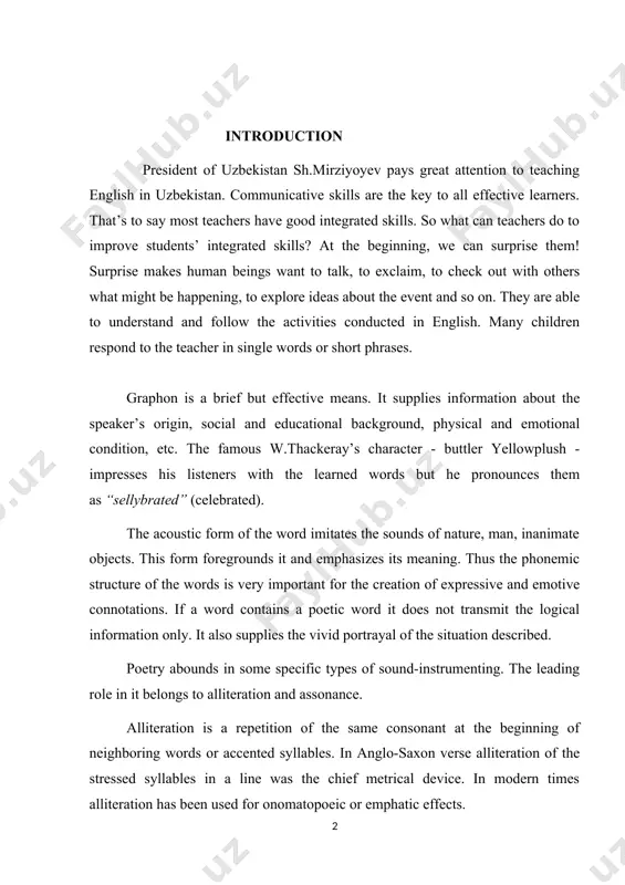 s. in anglo-saxon verse alliteration of the stressed syllables in a line was the chief metrical device. in modern times alliteration has been used for onomatopoeic or emphatic effects. the actuality of the course paper. the graphon and morphemic repetition of the text. the aim of the course paper. the aim of the investigation is to identify the graphon and morphemic repetition of the texts. the task of the course paper. several tasks were placed in order to reach the aim of the investigation. the subject and the object of course paper. the subject of the investigation is to find out the graphon and morphemic repetition of the texts. the object of the investigation is to identify the alliteration. the methods of investigation. while writing this course work, some methods are to help me to find this information such as how to find helpful books and sites related to the …
